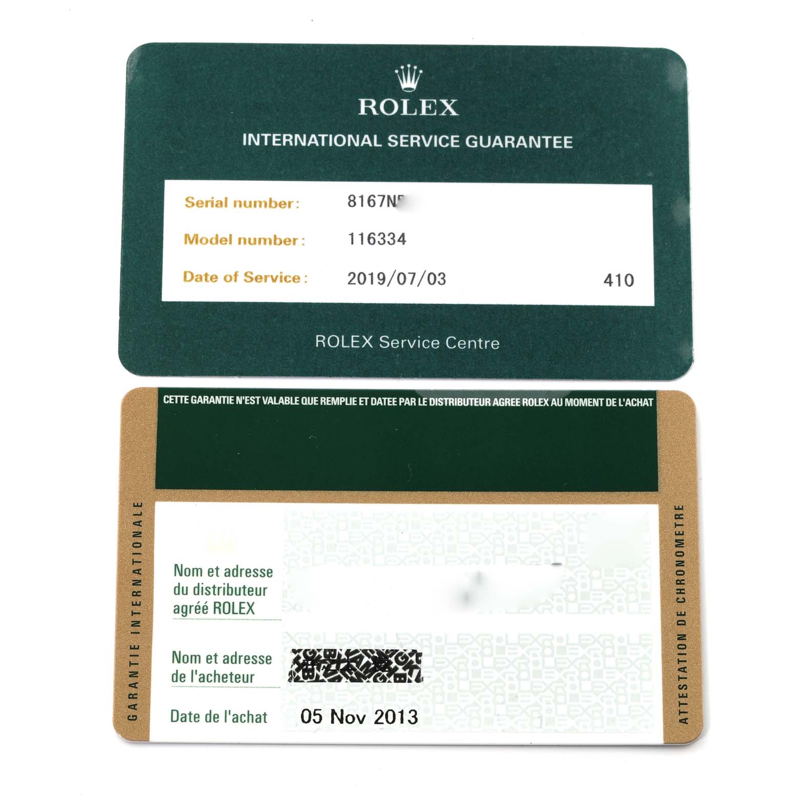 The image shows the international service guarantee and warranty cards for a Rolex Datejust 41 116334 Men
s Stainless Steel Blue Dial 116334 Men
s Stainless Steel Blue Dial model watch.