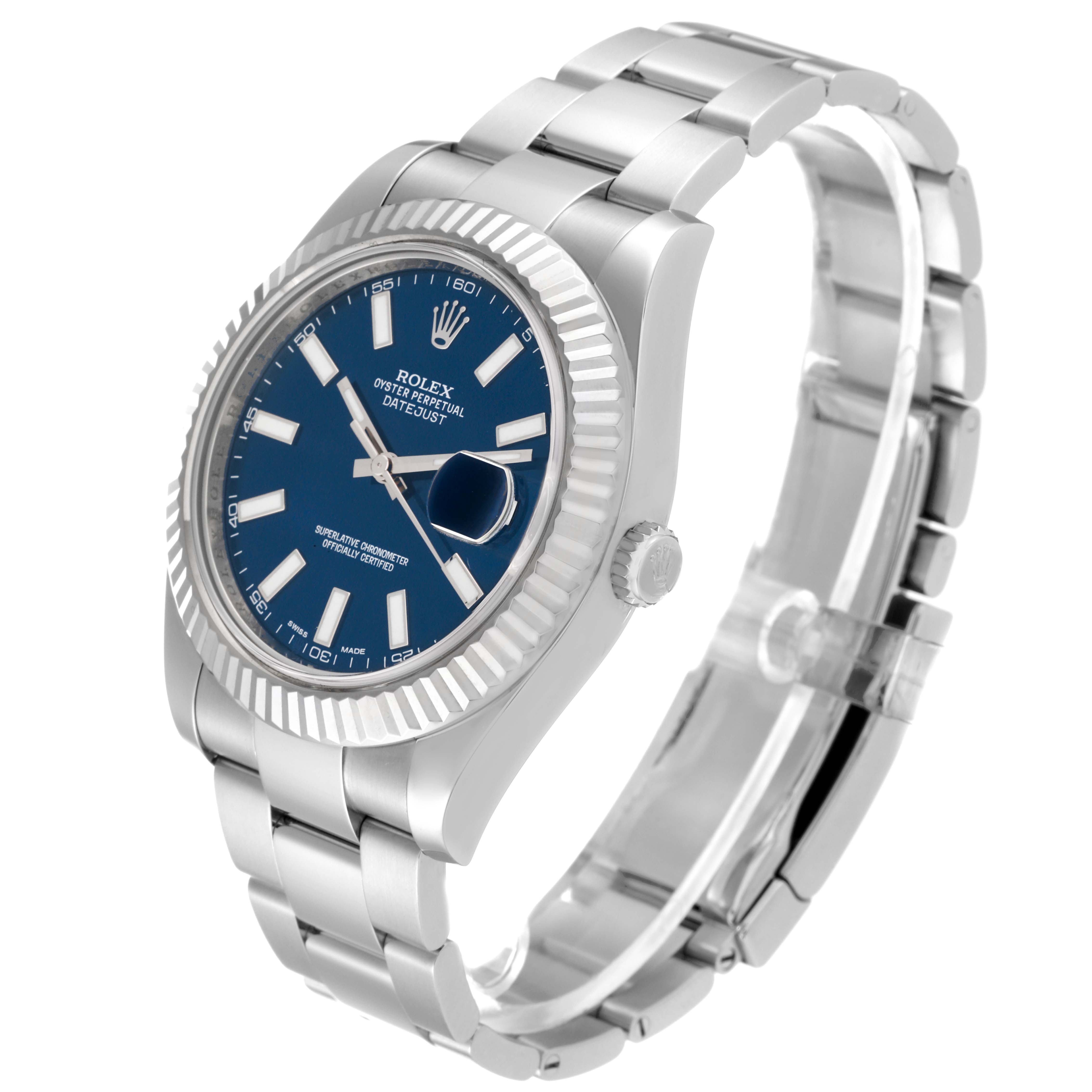 The image shows a Rolex Datejust 41 116334 Men
s Stainless Steel Blue Dial 116334 Men
s Stainless Steel Blue Dial watch from a three-quarter angle, displaying the dial, bezel, bracelet, and clasp.