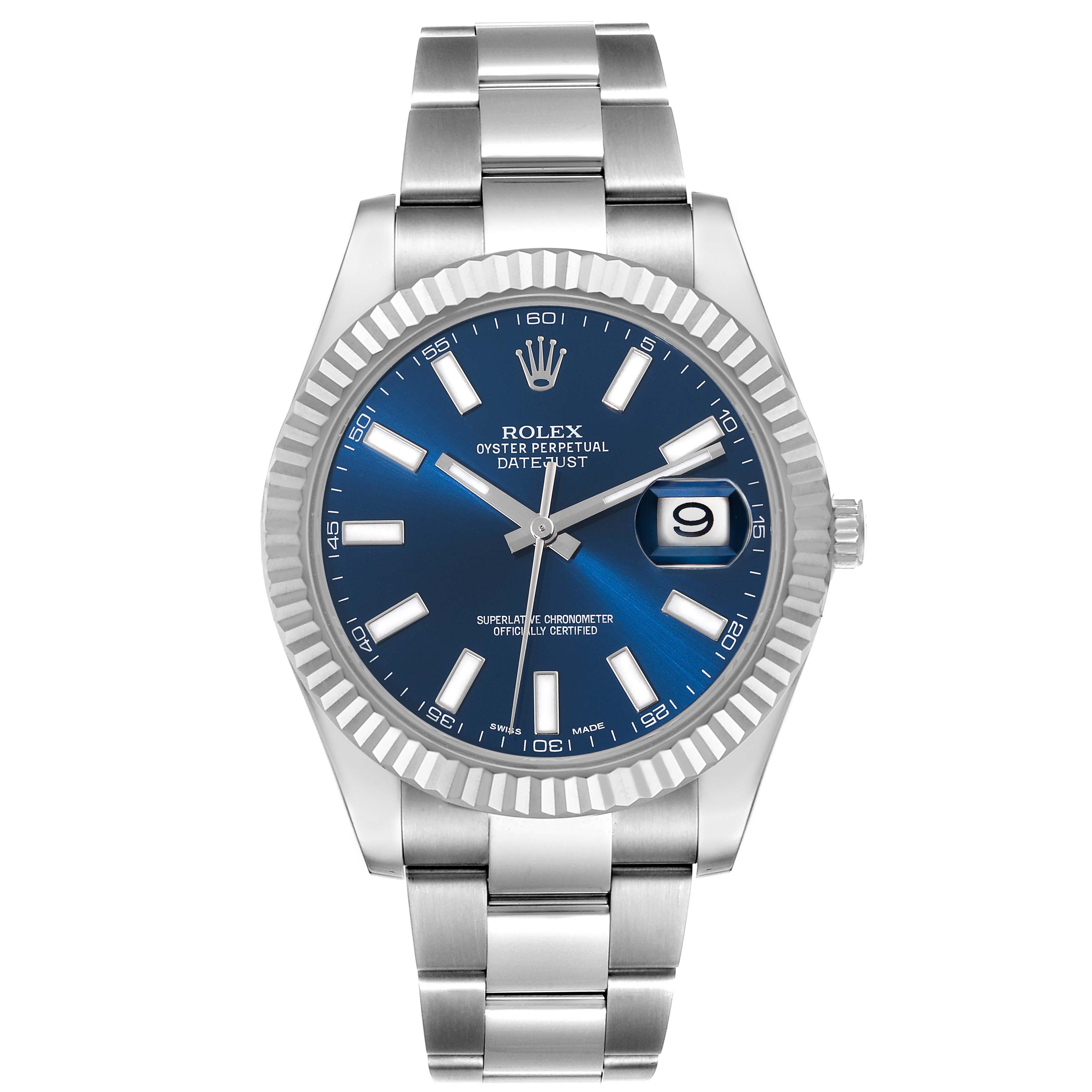 This image shows a front view of the Rolex Datejust 41 116334 Men
s Stainless Steel Blue Dial 116334 Men
s Stainless Steel Blue Dial watch, featuring a blue dial, fluted bezel, and oyster bracelet.