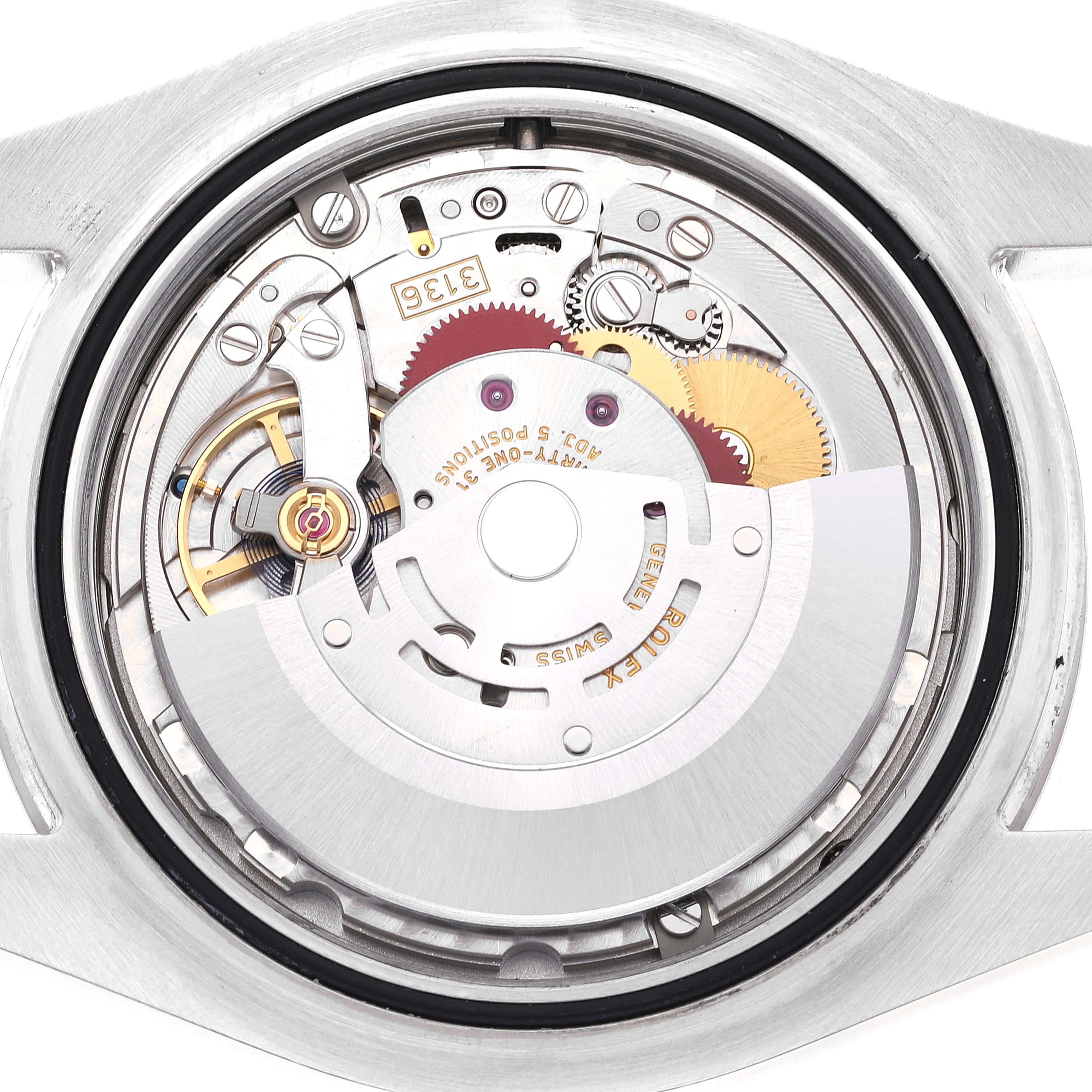 This image shows the movement mechanism of the Rolex Datejust 41 116334 Men
s Stainless Steel Blue Dial 116334 Men
s Stainless Steel Blue Dial watch from a rear angle with its internal components exposed.