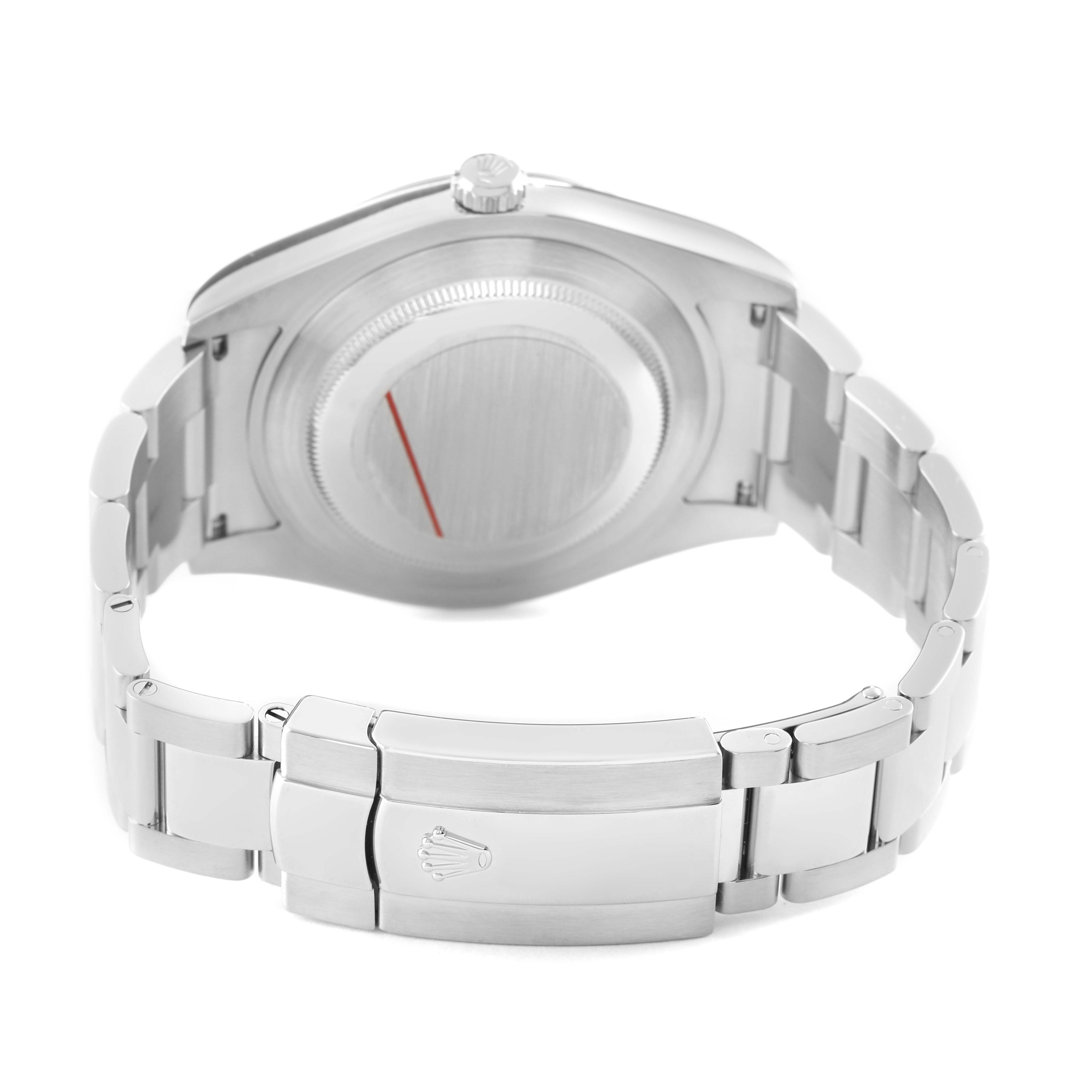 The image shows the back and clasp of the Rolex Datejust 41 116300 Men's Stainless Steel Blue Dial, highlighting the bracelet and case back.