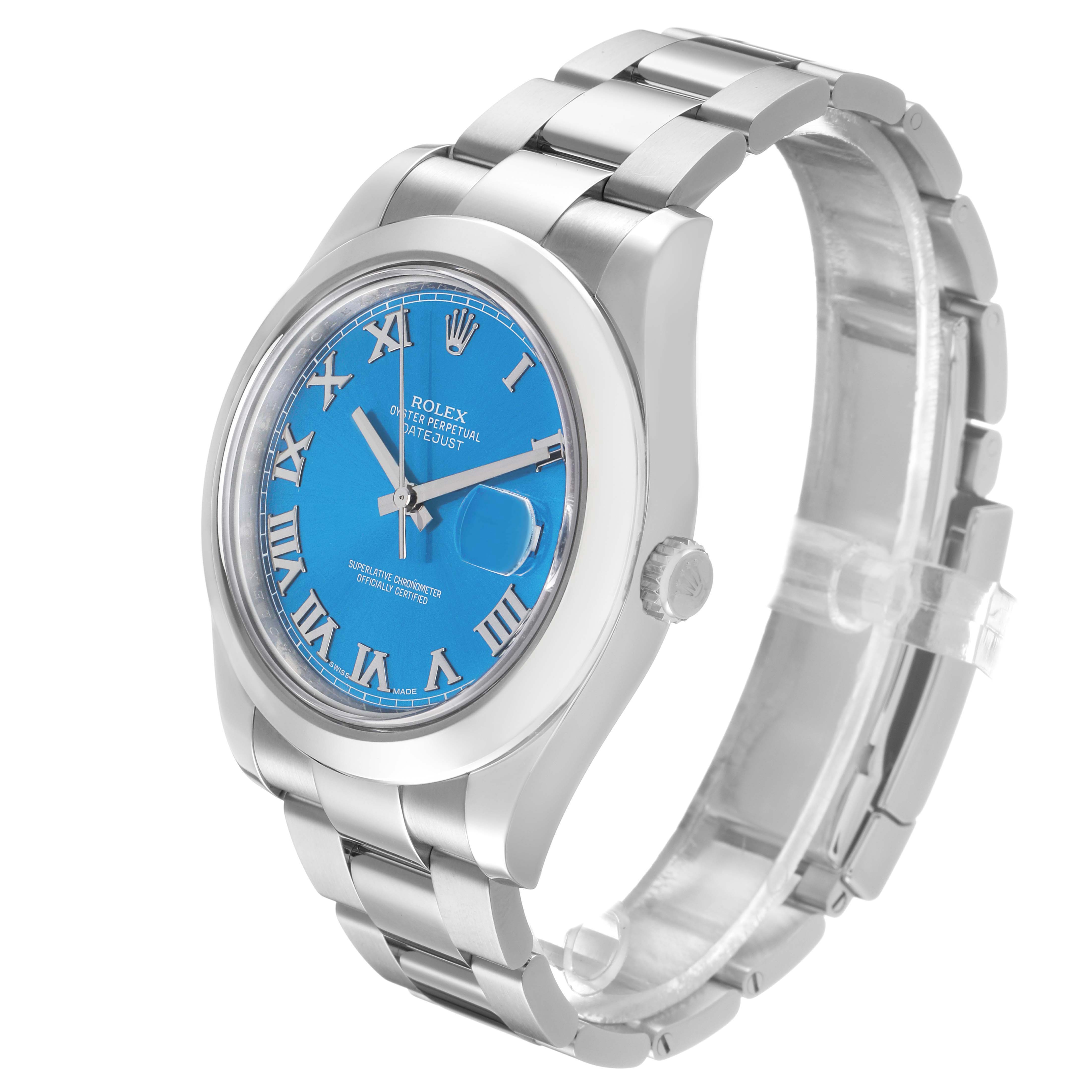 The Rolex Datejust 41 116300 Men's Stainless Steel Blue Dial is shown from a three-quarter angle, highlighting the blue dial, bracelet, and side profile.