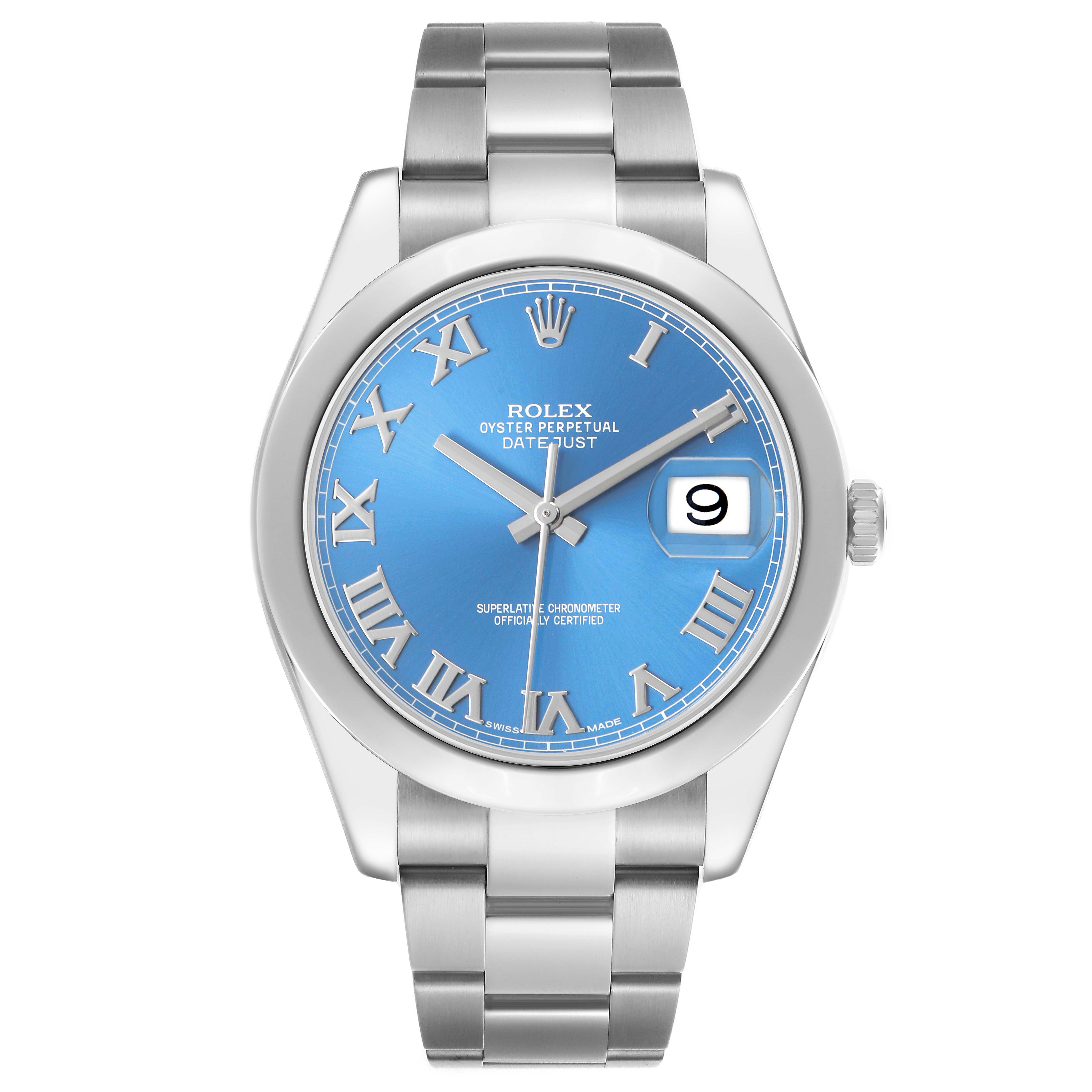 The Rolex Datejust 41 116300 Men's Stainless Steel Blue Dial watch is shown from a front angle, featuring its blue dial, Roman numerals, date window, and metal bracelet.