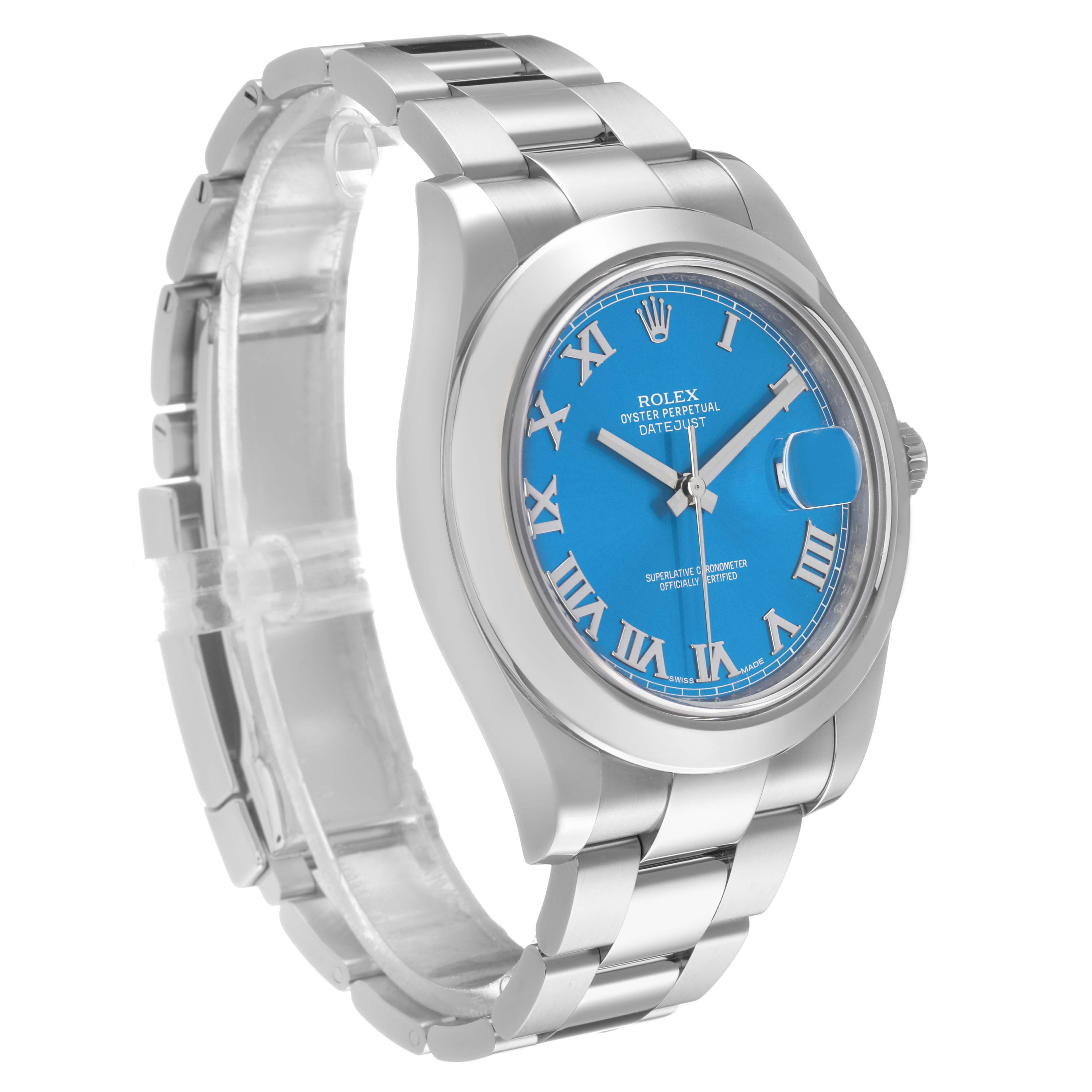 The image shows a side-angle view of a Rolex Datejust 41 116300 Men's Stainless Steel Blue Dial, displaying the bracelet, case, and blue dial with Roman numerals.