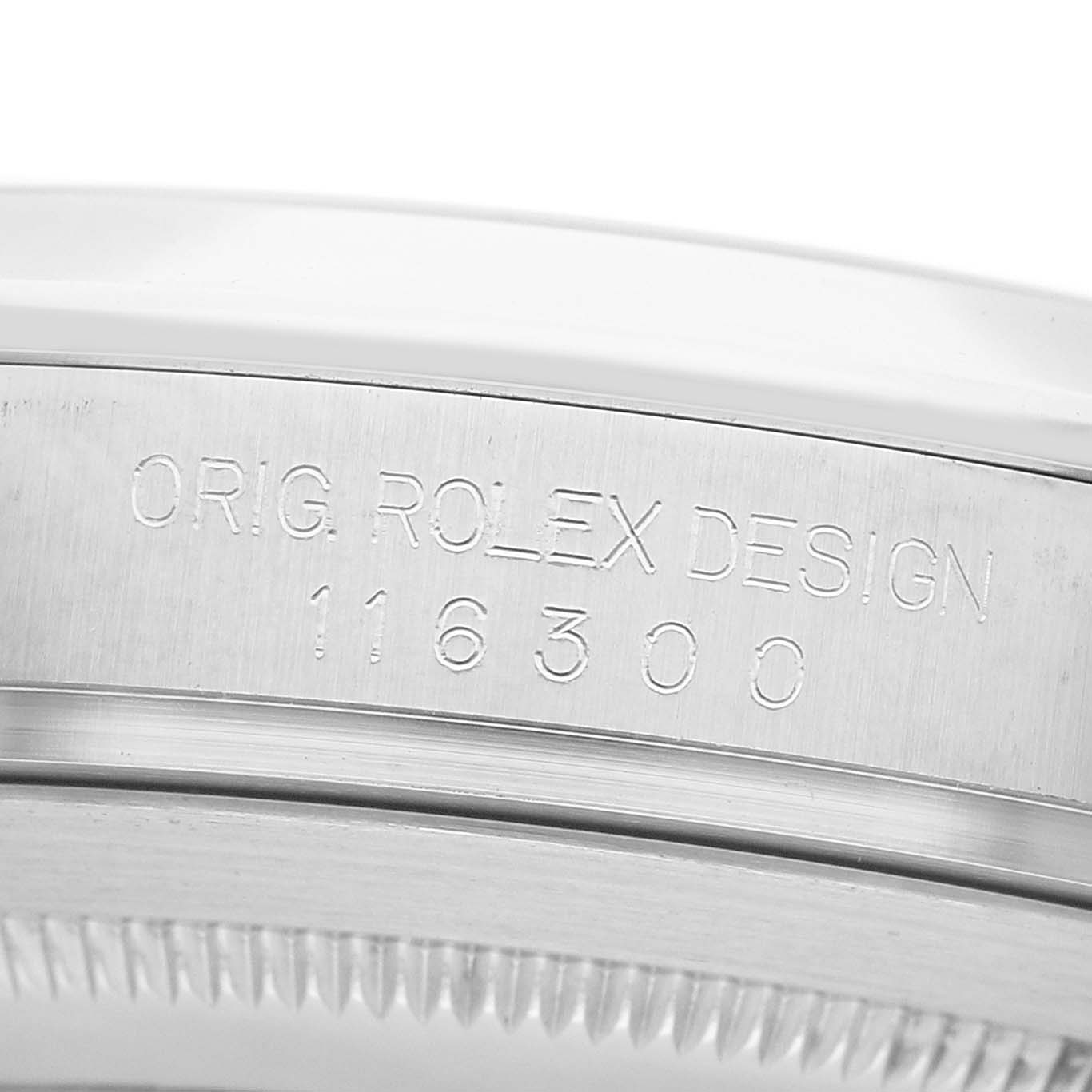 The image shows the side of the Rolex Datejust 41 116300 Men's Stainless Steel Blue Dial, focusing on the 'Orig Rolex Design' engraving and model number.