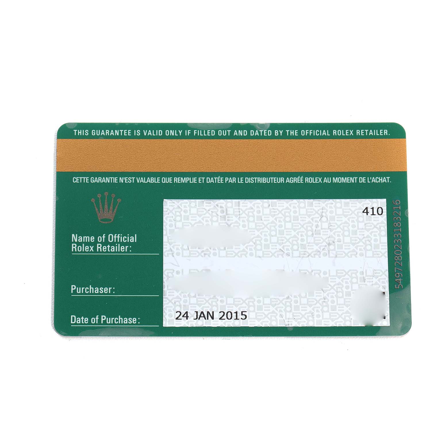 The image shows a green and white warranty card for a Rolex Datejust 41 116300 Men's Stainless Steel Blue Dial, detailing purchase information.