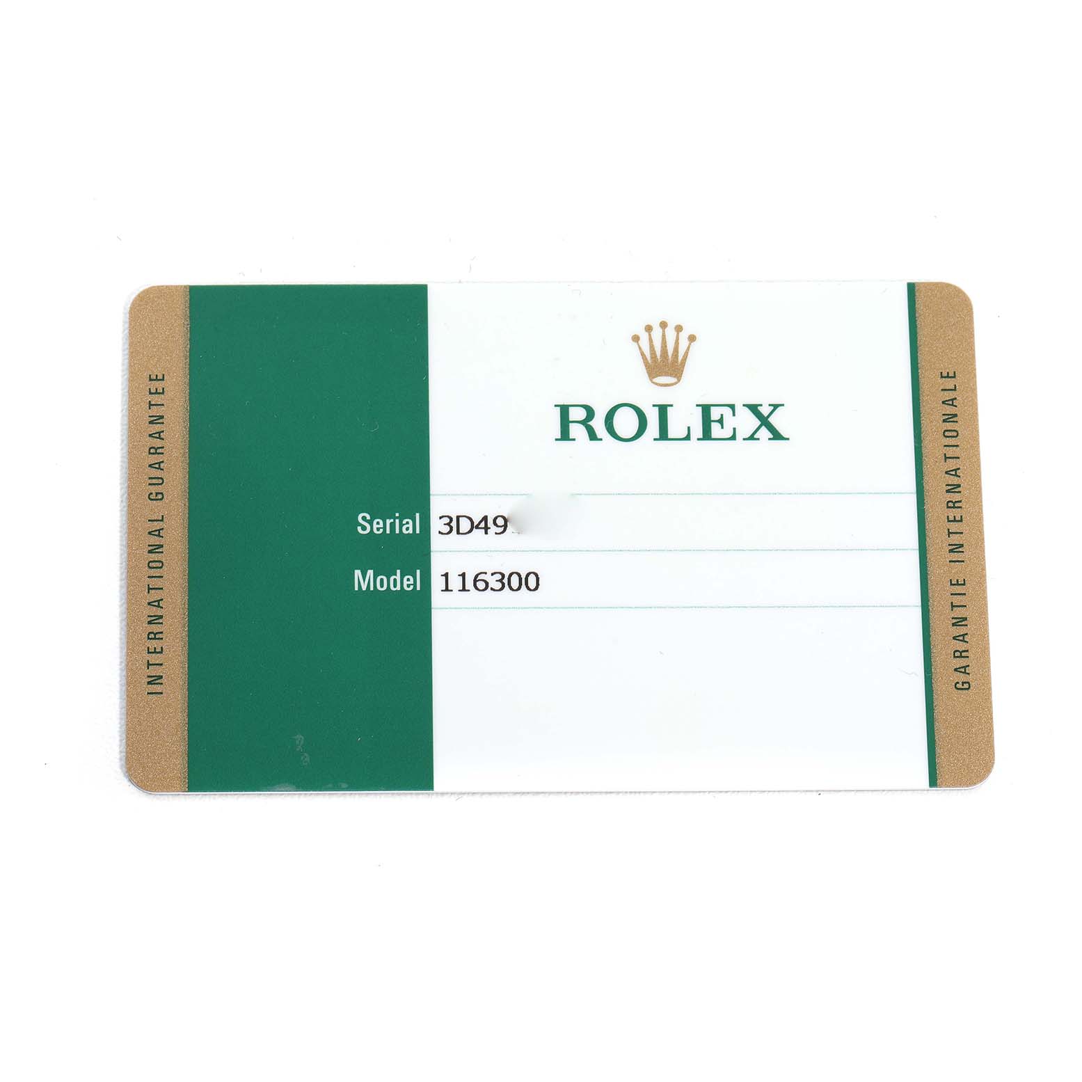 This image shows the international guarantee card for the Rolex Datejust 41 116300 Men's Stainless Steel Blue Dial model, featuring serial and model numbers.