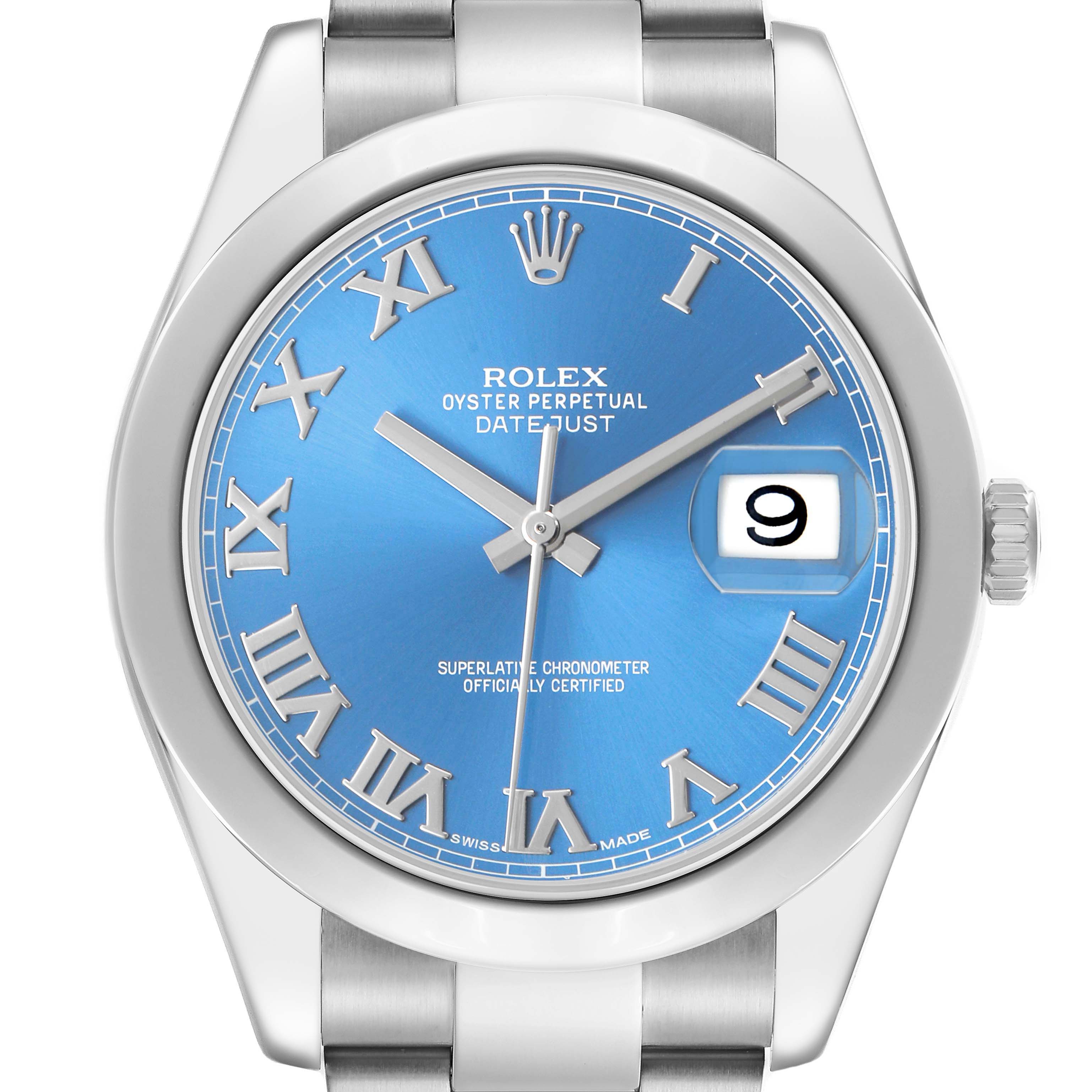 The Rolex Datejust 41 116300 Men's Stainless Steel Blue Dial is shown from the front, highlighting the blue dial, Roman numerals, date window, and stainless steel case and bracelet.
