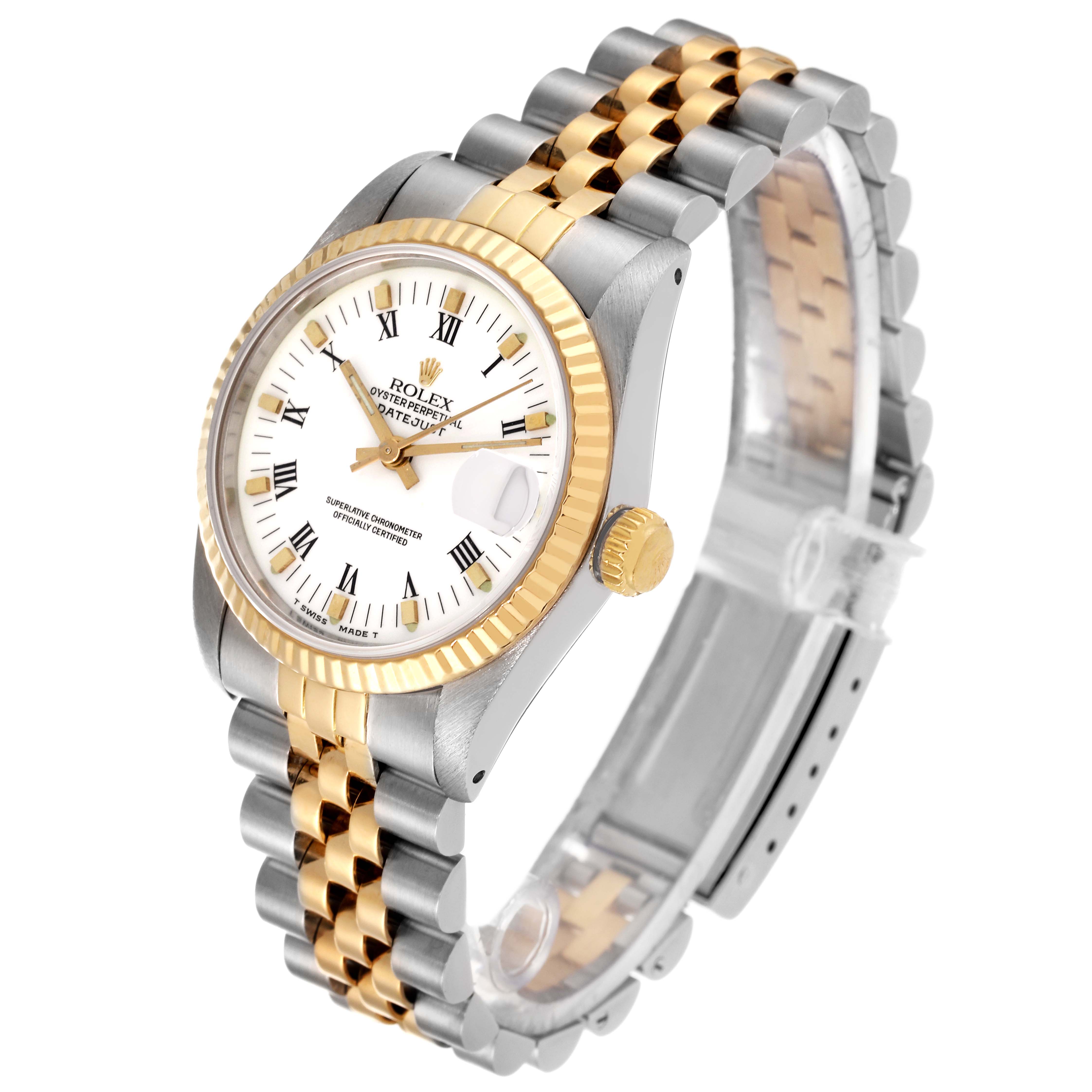 The image shows a Rolex Mid-Size 68273 Women's Steel and Gold (two tone) White Dial 68273 Women's Steel and Gold (two tone) White Dial model watch from a front-side angle, displaying the dial, bezel, crown, and two-tone bracelet.