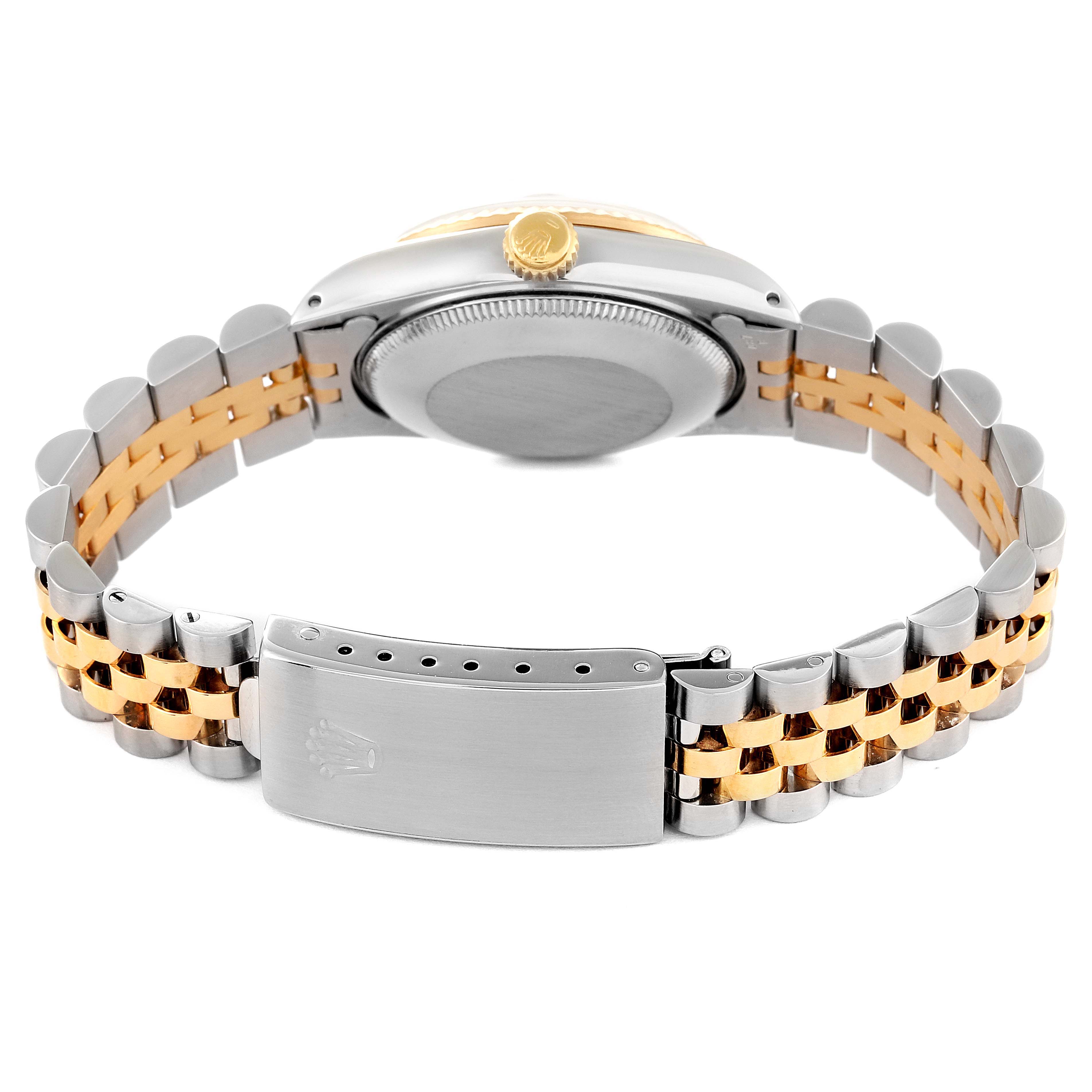 This image shows the back and bracelet clasp of a Rolex Mid-Size 68273 Women's Steel and Gold (two tone) White Dial 68273 Women's Steel and Gold (two tone) White Dial watch, highlighting the bi-metal design.