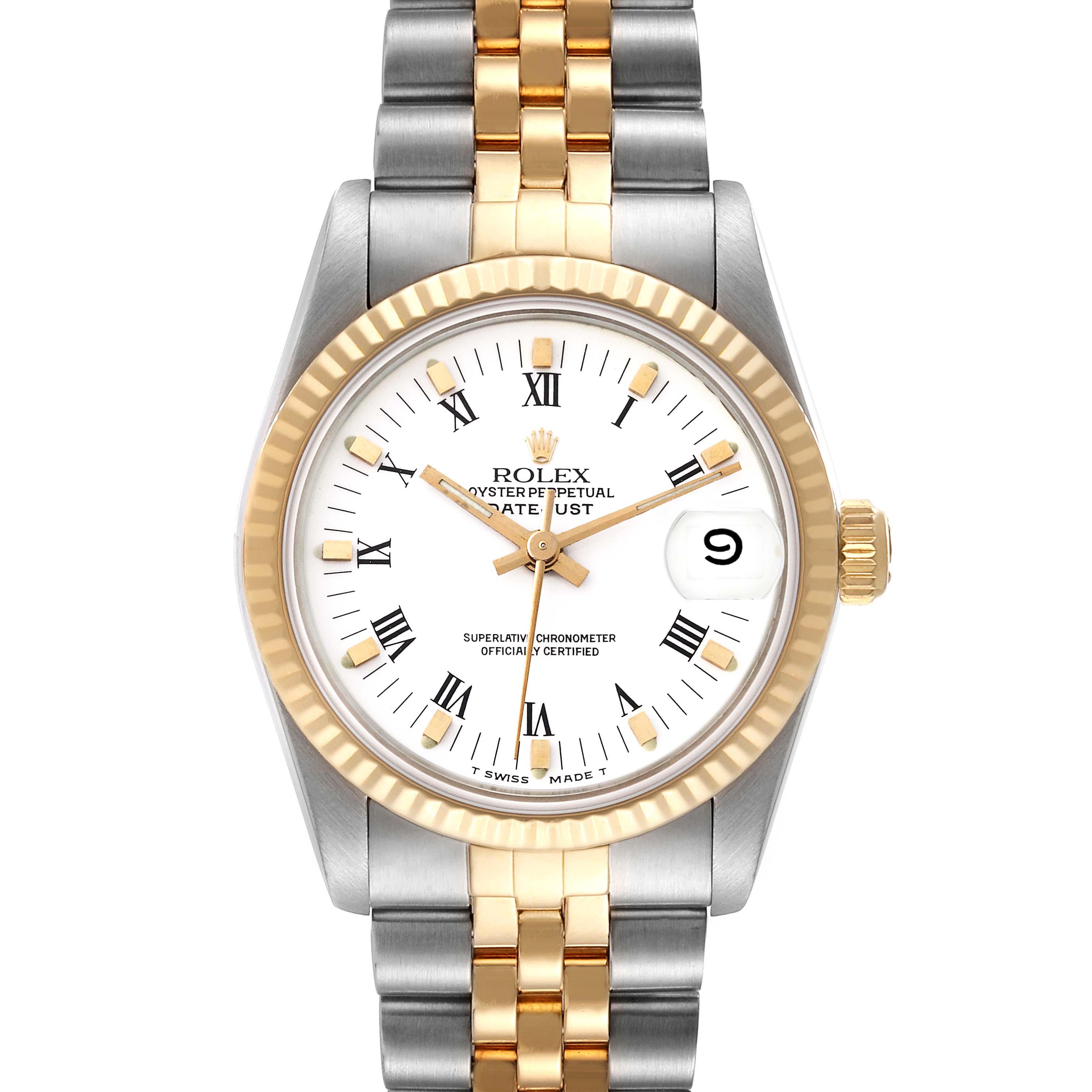 This image shows a front view of the Rolex Oyster Perpetual Datejust Mid-Size watch, highlighting the dial, bracelet, and crown.