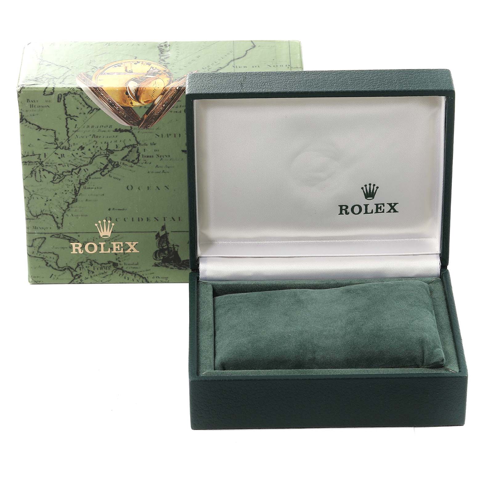 A Rolex Mid-Size 68273 Women's Steel and Gold (two tone) White Dial 68273 Women's Steel and Gold (two tone) White Dial watch box is open and empty, with the closed outer box behind it showing a map design.