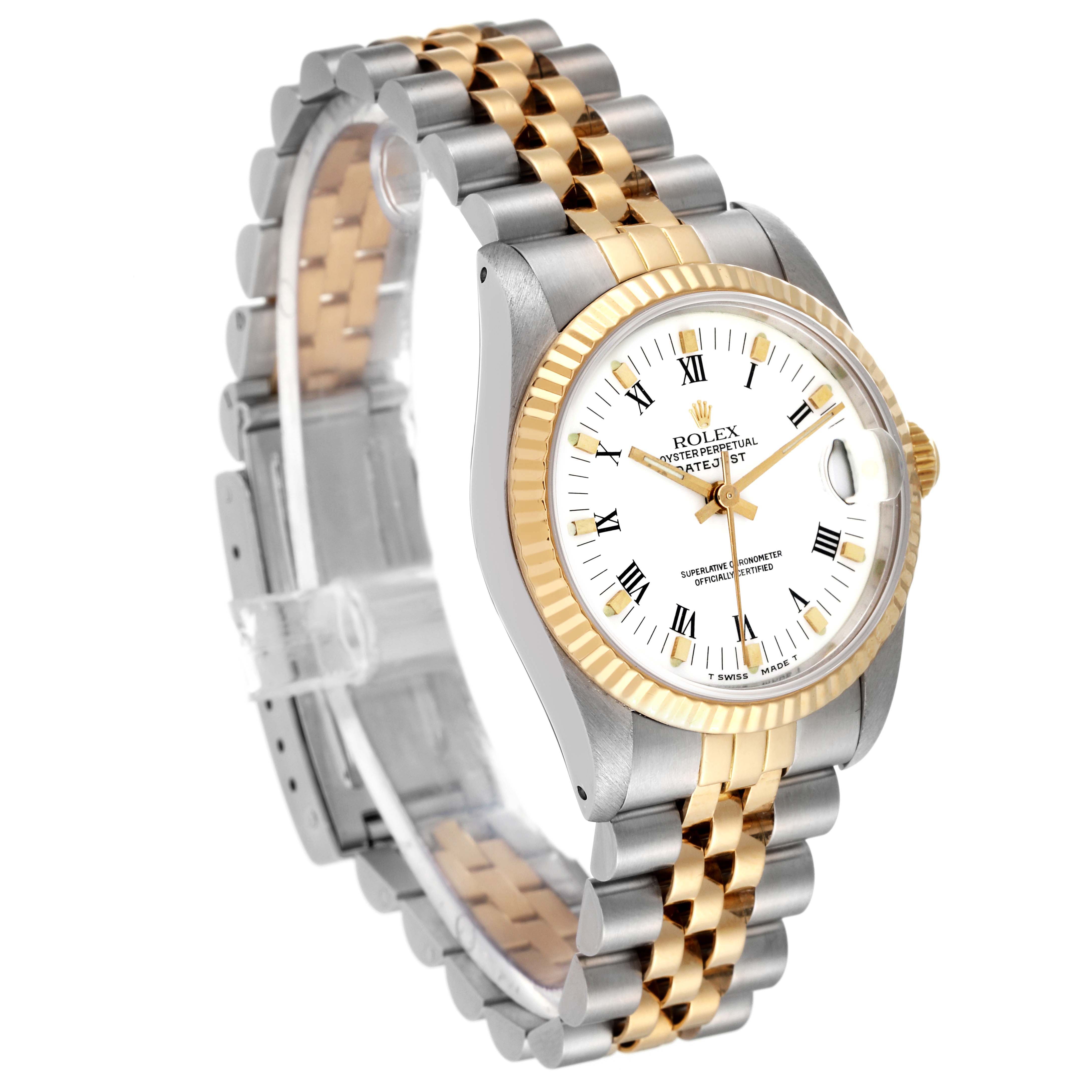 The image shows a Rolex Mid-Size 68273 Women's Steel and Gold (two tone) White Dial 68273 Women's Steel and Gold (two tone) White Dial Datejust watch at a three-quarter angle, revealing the face, bezel, and two-tone bracelet.