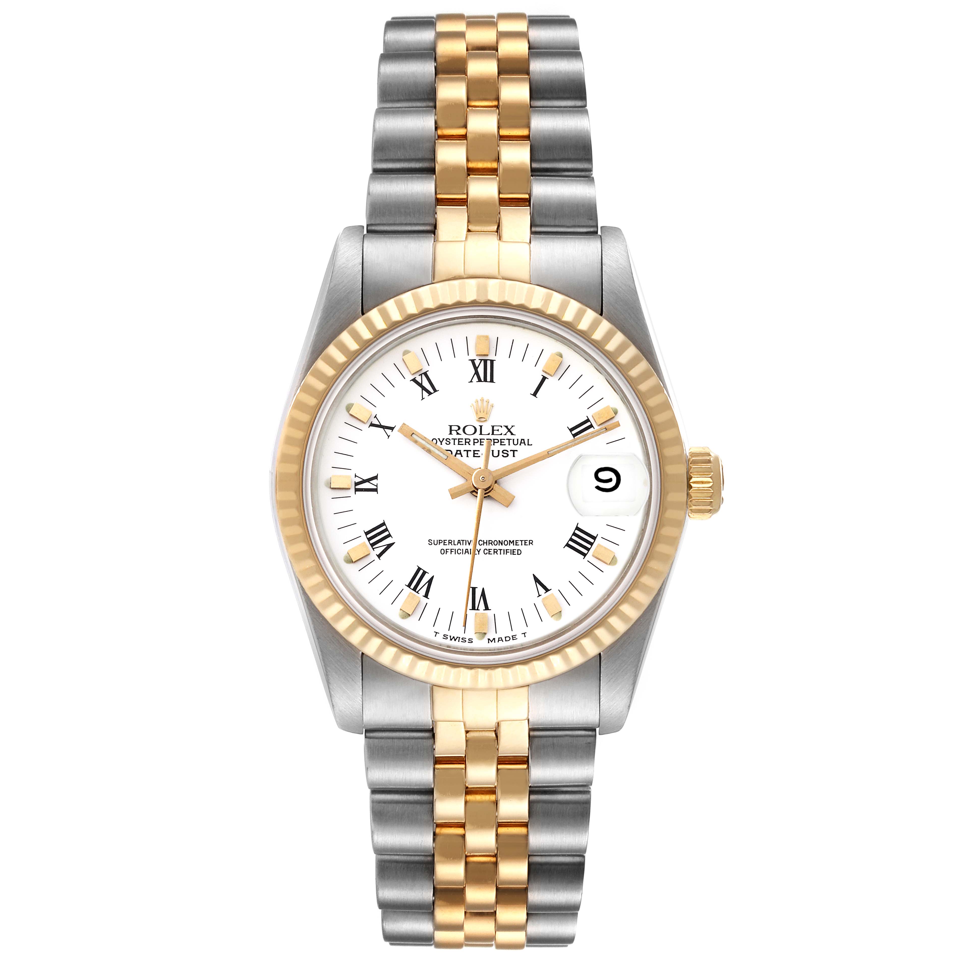 The image shows a front view of a Rolex Mid-Size 68273 Women's Steel and Gold (two tone) White Dial 68273 Women's Steel and Gold (two tone) White Dial model watch, displaying its two-tone bracelet and white dial with a gold bezel.
