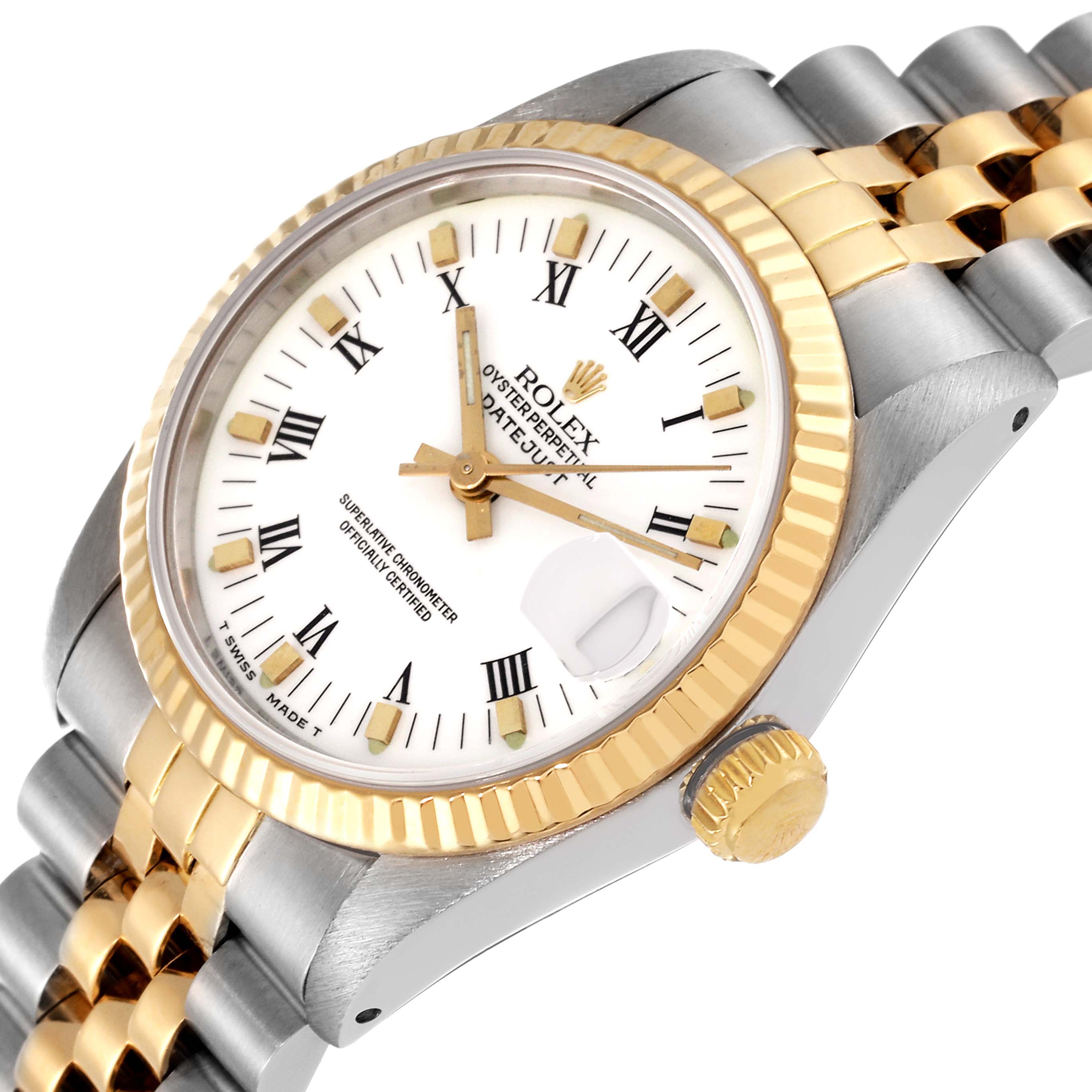 The Rolex Mid-Size 68273 Women's Steel and Gold (two tone) White Dial 68273 Women's Steel and Gold (two tone) White Dial watch is shown at an angle displaying the face, bezel, crown, and part of the bracelet.