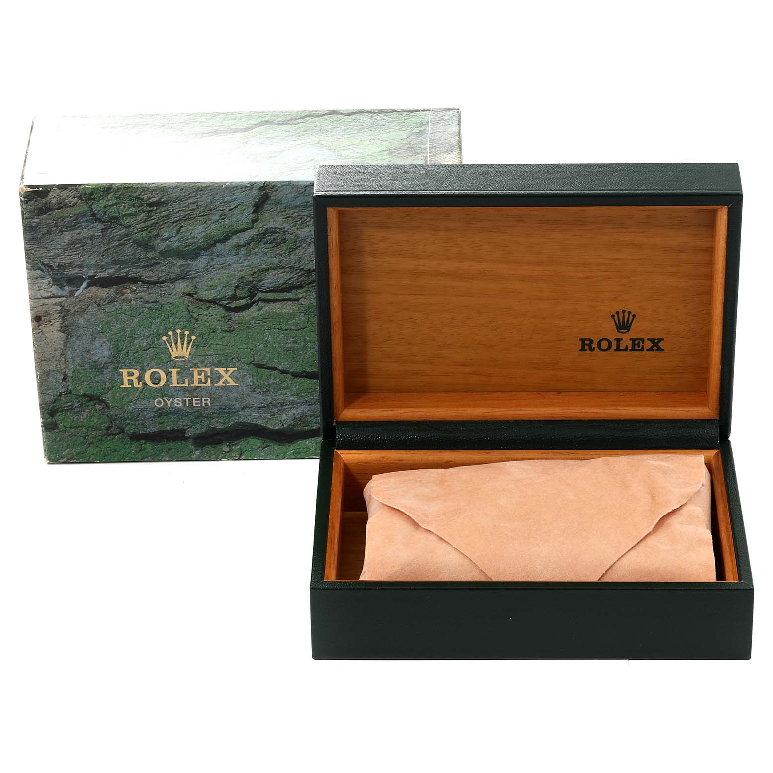 The image shows the packaging for a mid-size Rolex watch, including a green outer box and an inner wooden presentation box.