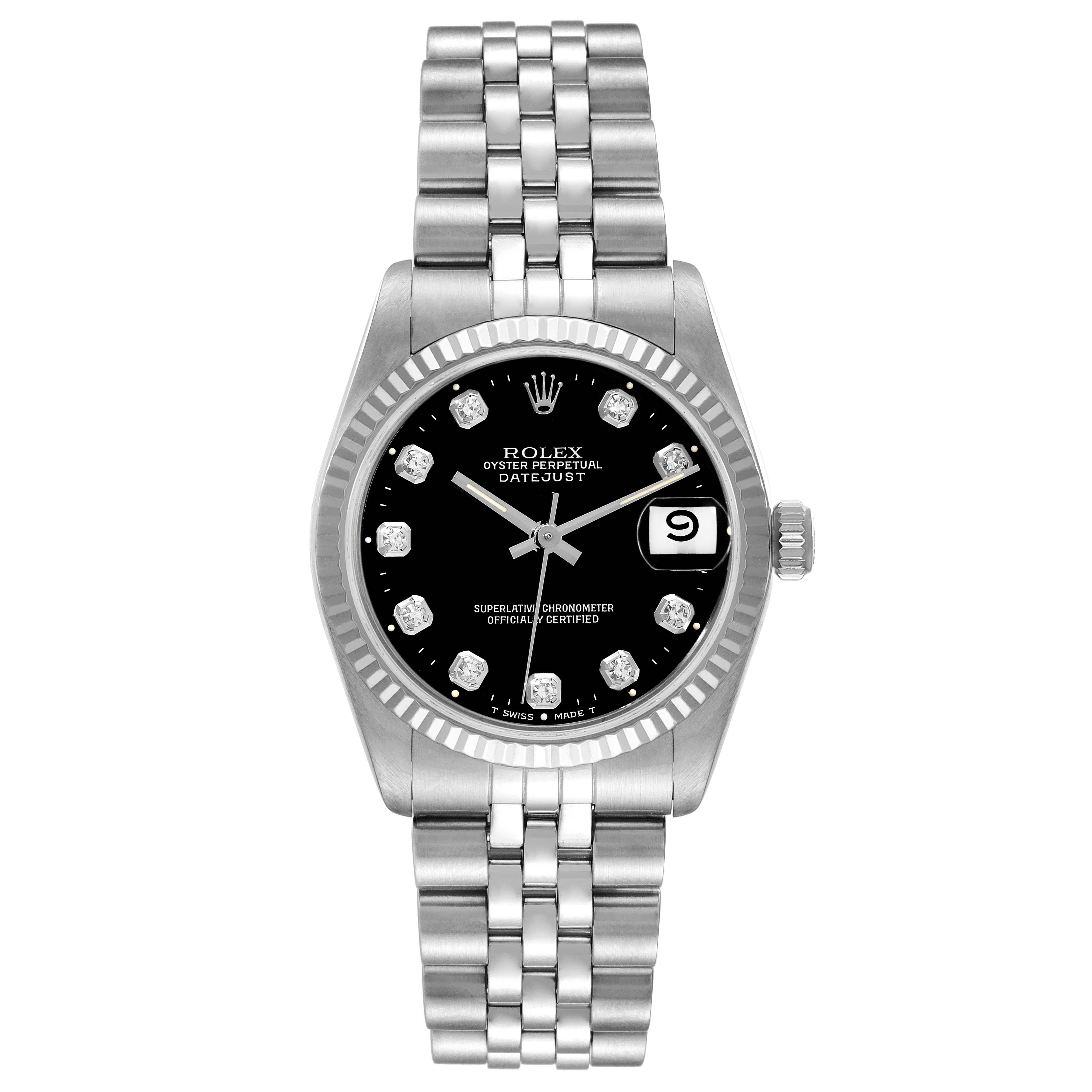 This image shows a front view of the Rolex Mid-Size 68274 Women's Stainless Steel Black Dial 68274 Women's Stainless Steel Black Dial Oyster Perpetual Datejust watch, highlighting its dial, hands, bracelet, and date window.