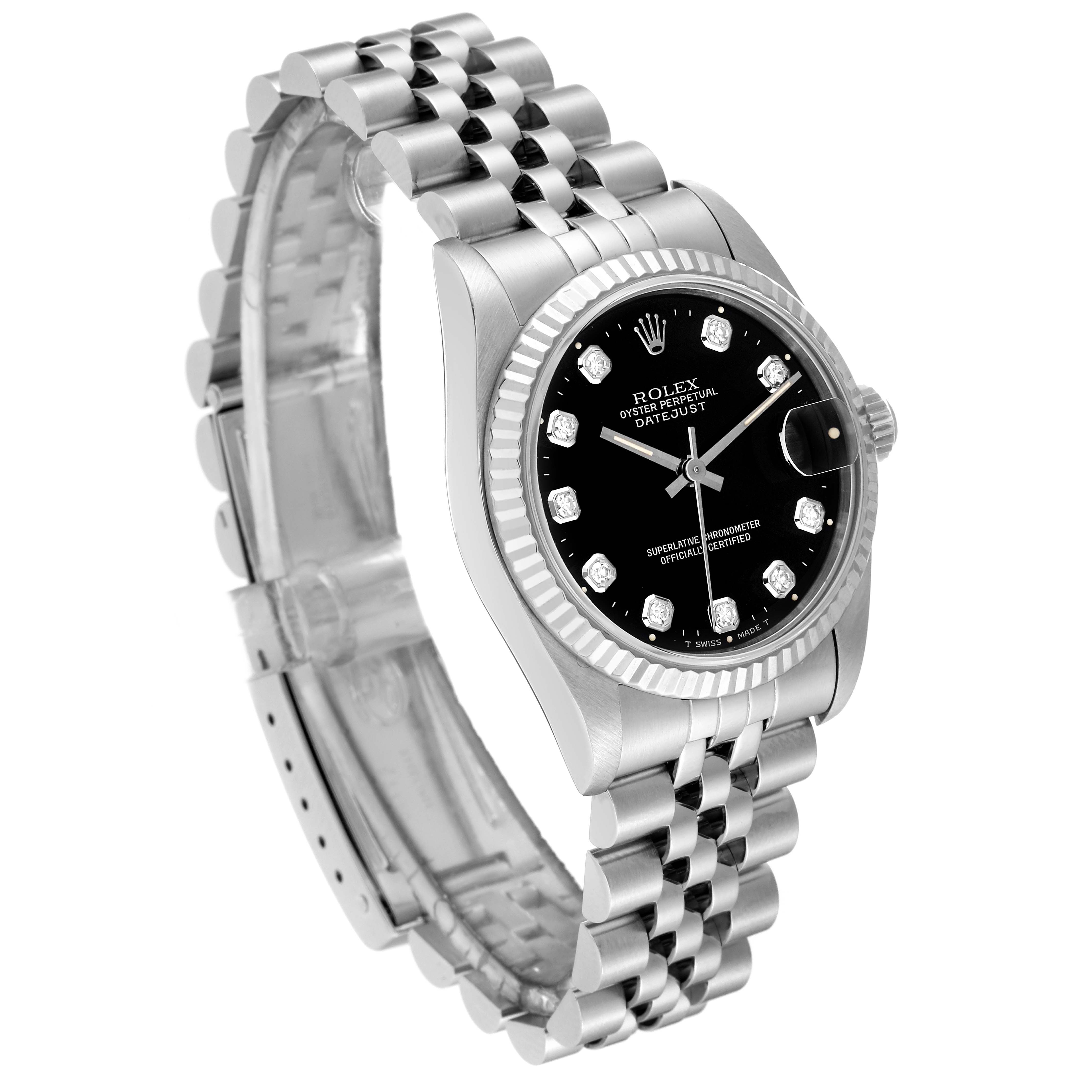 This image shows a Rolex Mid-Size 68274 Women's Stainless Steel Black Dial 68274 Women's Stainless Steel Black Dial Datejust watch at a three-quarter angle, highlighting its dial, case, and bracelet.