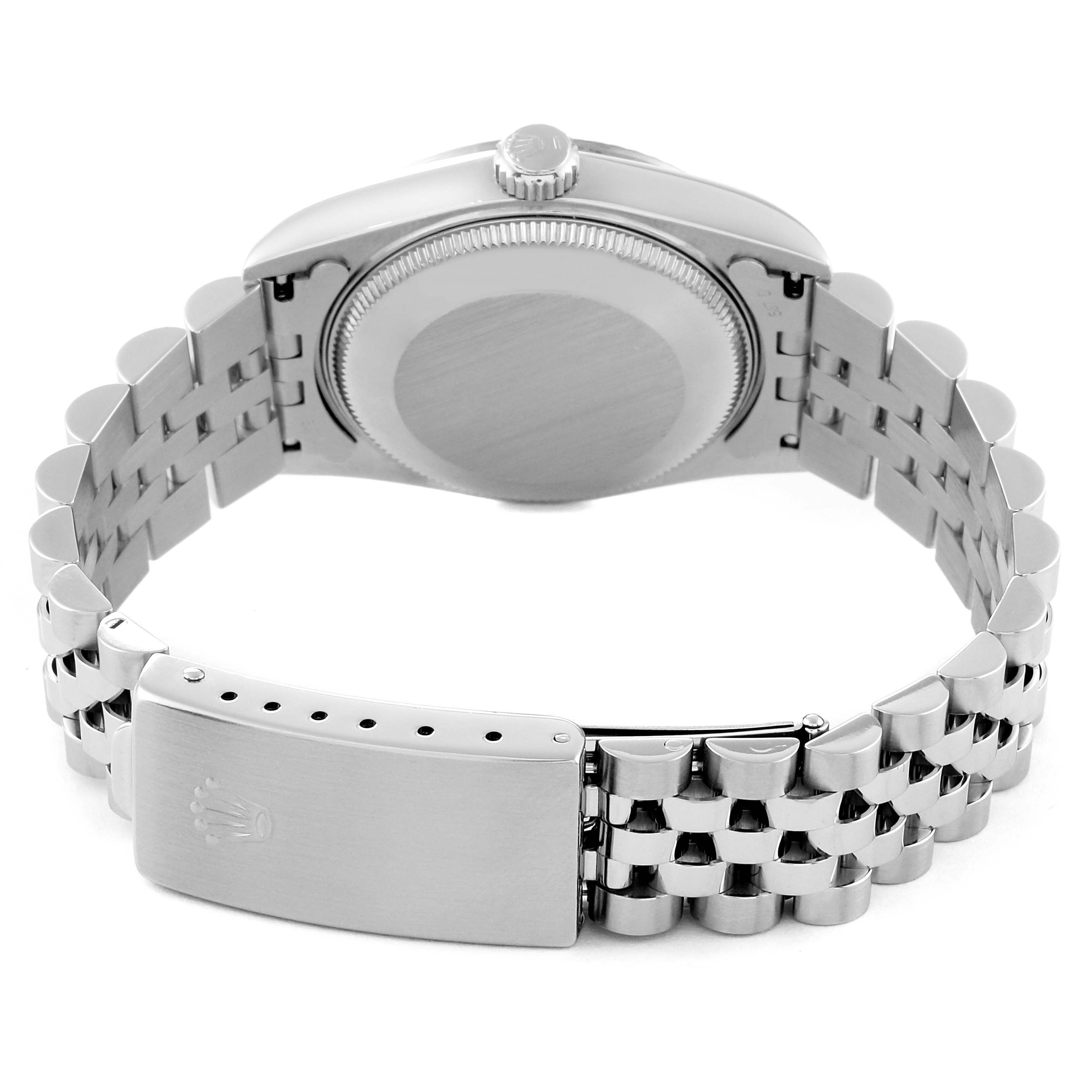 The image shows the backside and bracelet of a Mid-Size Rolex watch, highlighting the clasp and case back.