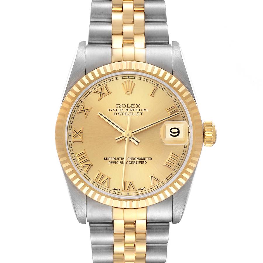 The Rolex Mid-Size Datejust is shown from the front, displaying the dial, Roman numerals, two-tone bracelet, and date window.