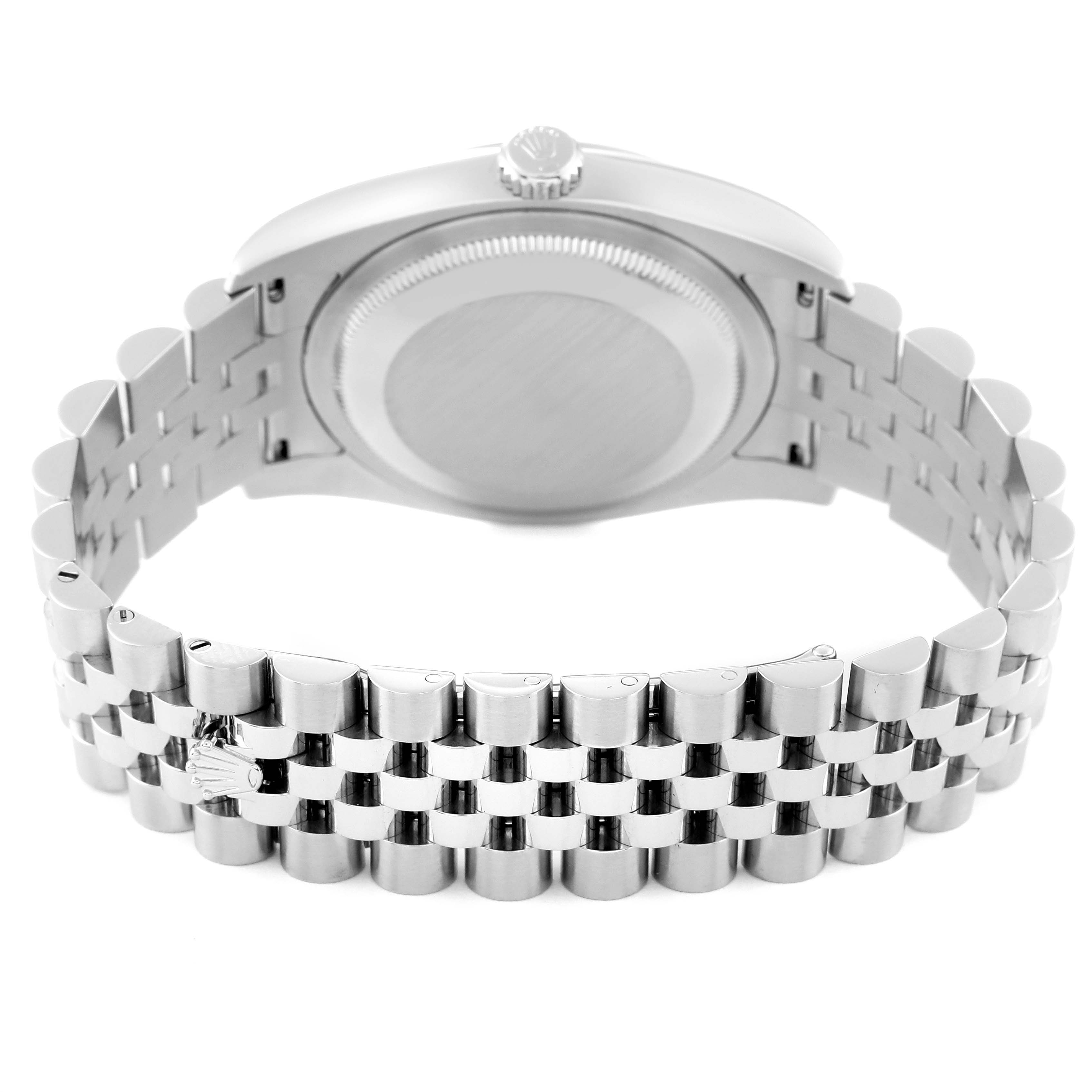 This image shows the back casing and jubilee bracelet of a Rolex Datejust 116200 Men's Stainless Steel Silver Dial 116200 Men's Stainless Steel Silver Dial watch from a rear angle.