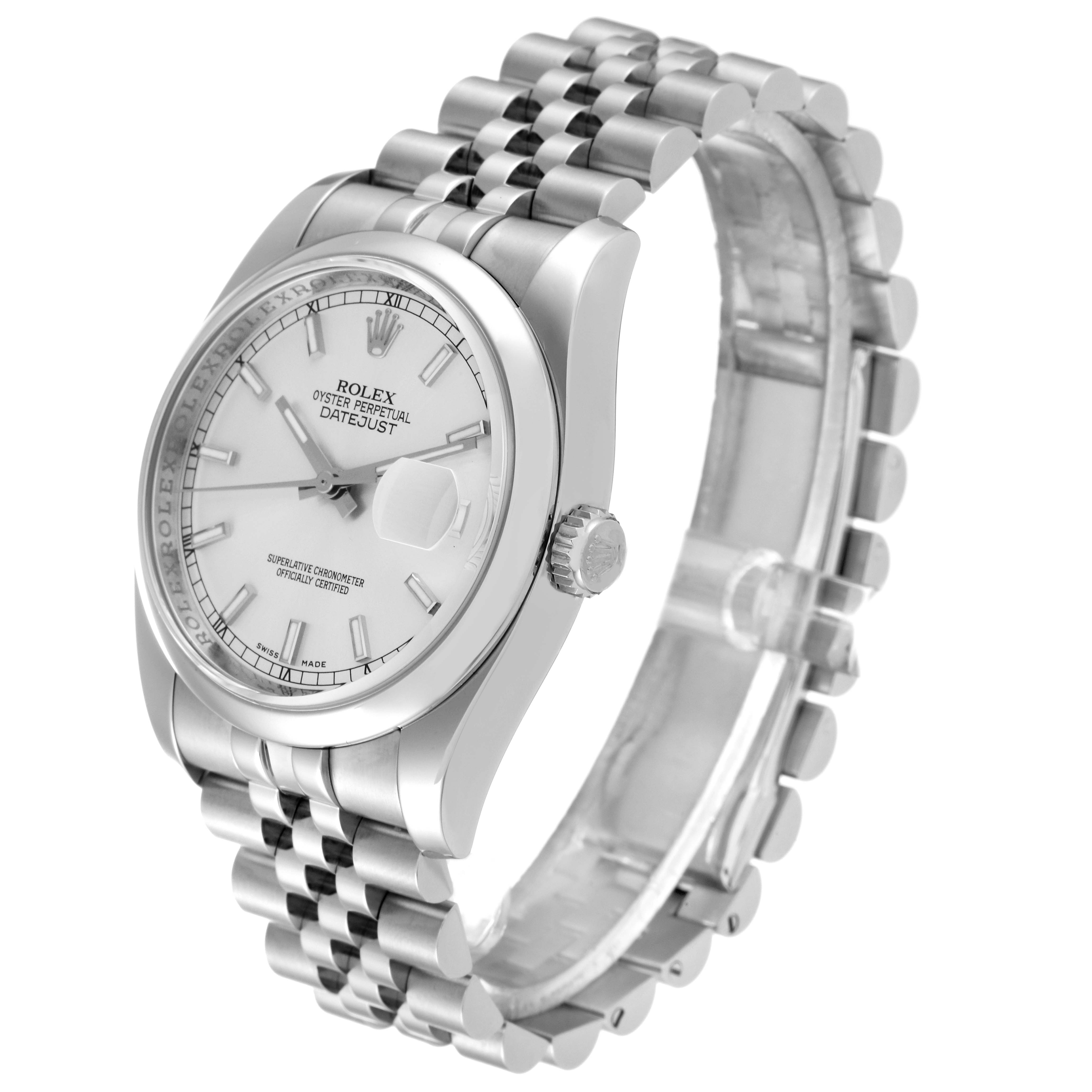 The image shows a side view of the Rolex Datejust 116200 Men's Stainless Steel Silver Dial 116200 Men's Stainless Steel Silver Dial watch, highlighting its case, bezel, dial, crown, and Jubilee bracelet.