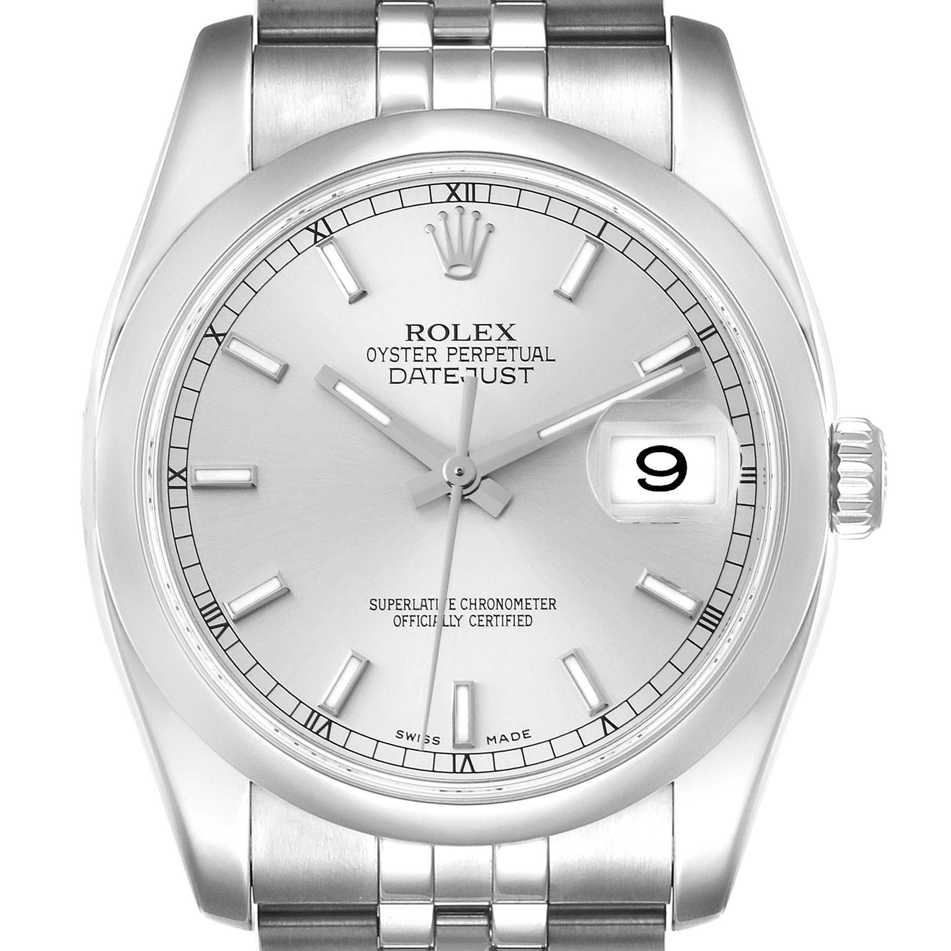 The image shows a frontal view of a Rolex Datejust 116200 Men's Stainless Steel Silver Dial 116200 Men's Stainless Steel Silver Dial watch, including the face, bezel, crown, and part of the bracelet.