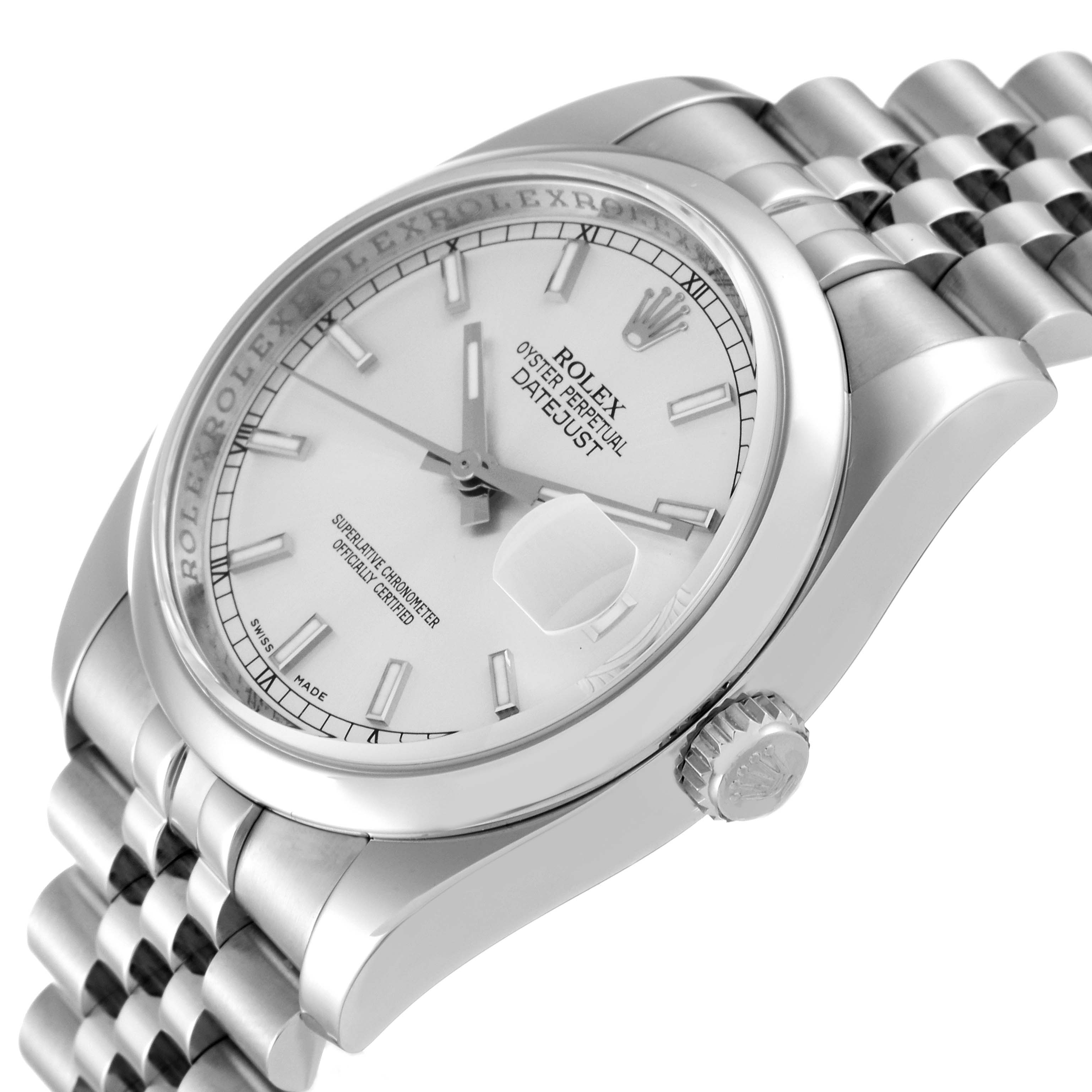 This image shows a close-up angled view of a Rolex Datejust 116200 Men's Stainless Steel Silver Dial 116200 Men's Stainless Steel Silver Dial watch, highlighting its face, bezel, crown, and part of the bracelet.