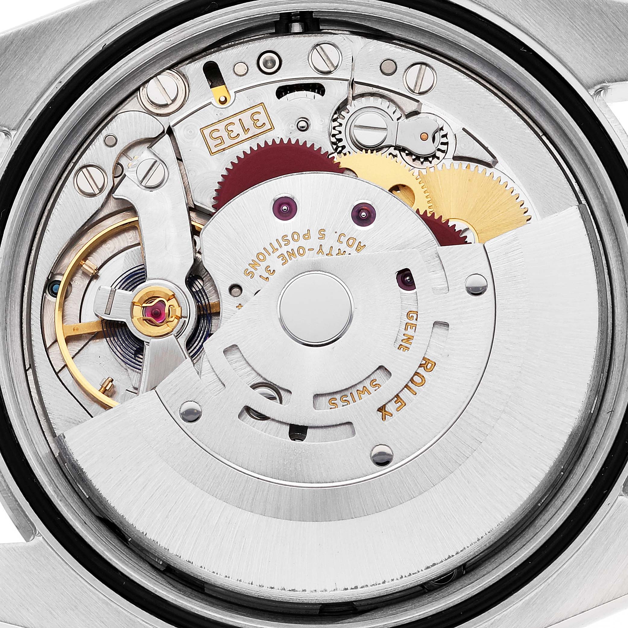 This image shows the internal mechanism of the Rolex Datejust 116200 Men's Stainless Steel Silver Dial 116200 Men's Stainless Steel Silver Dial watch, highlighting the gears and rotor.