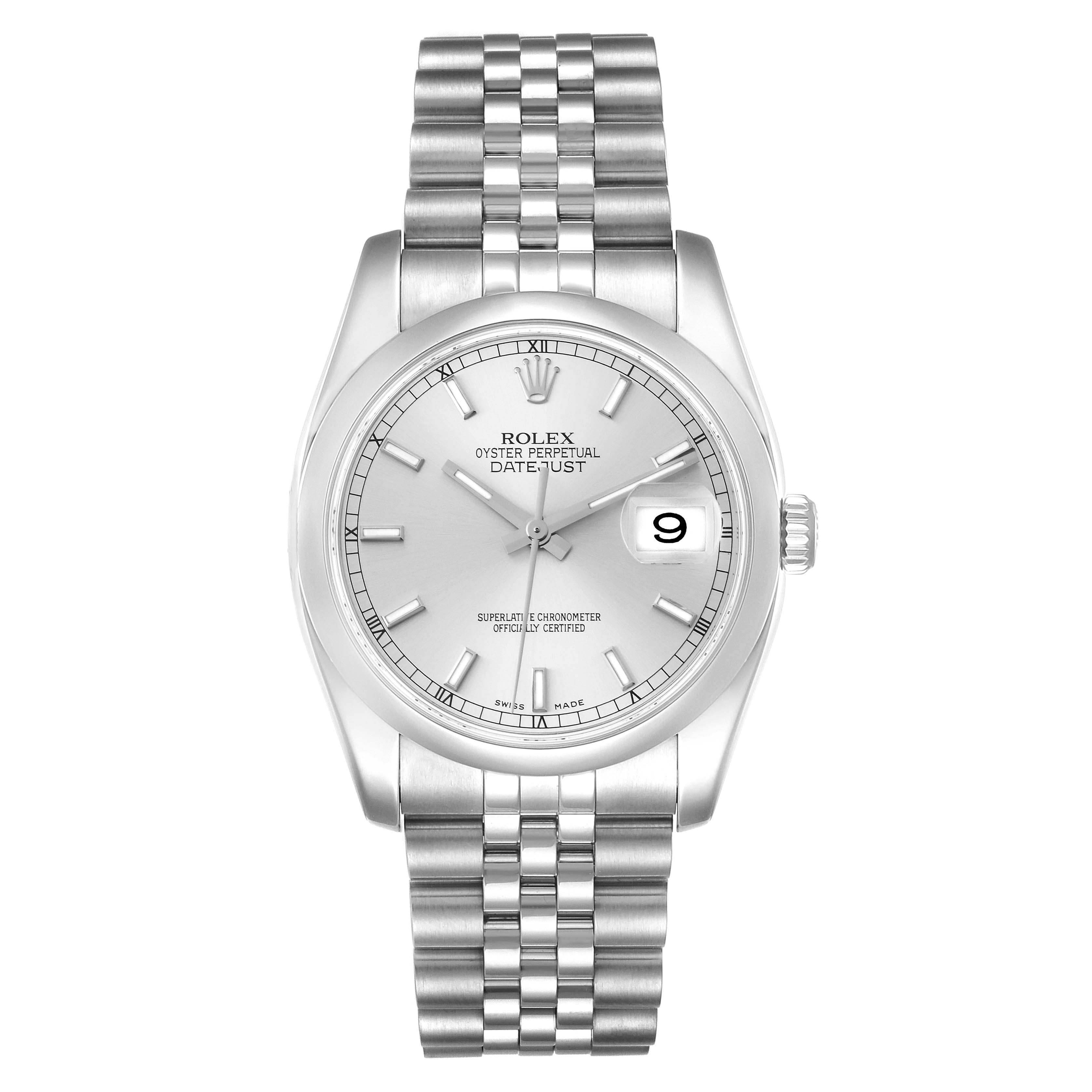 This image shows a front view of a Rolex Datejust 116200 Men's Stainless Steel Silver Dial 116200 Men's Stainless Steel Silver Dial watch, including the dial, bezel, and bracelet.