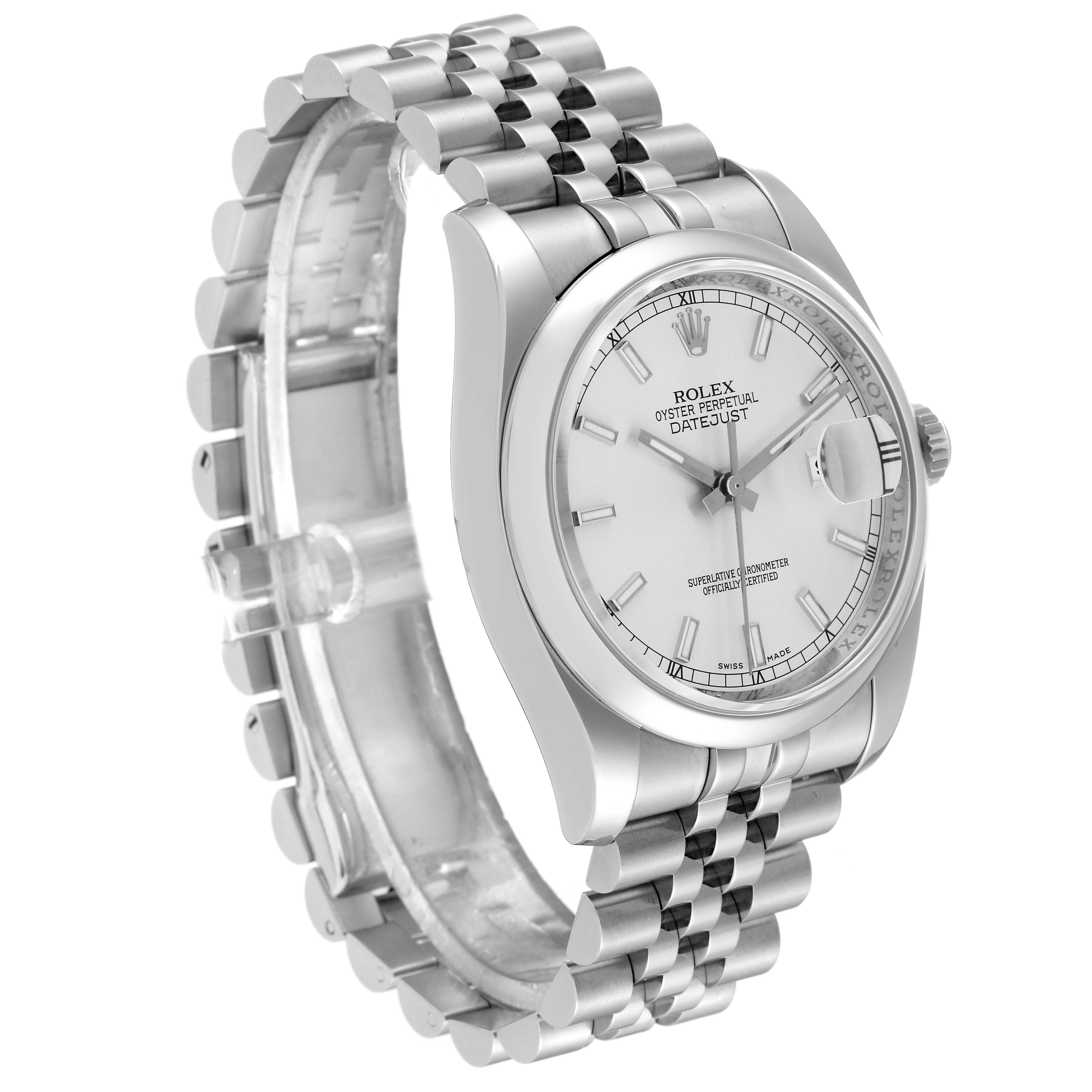 The image shows a Rolex Datejust 116200 Men's Stainless Steel Silver Dial 116200 Men's Stainless Steel Silver Dial watch from a side angle, highlighting its bracelet, case, and dial.
