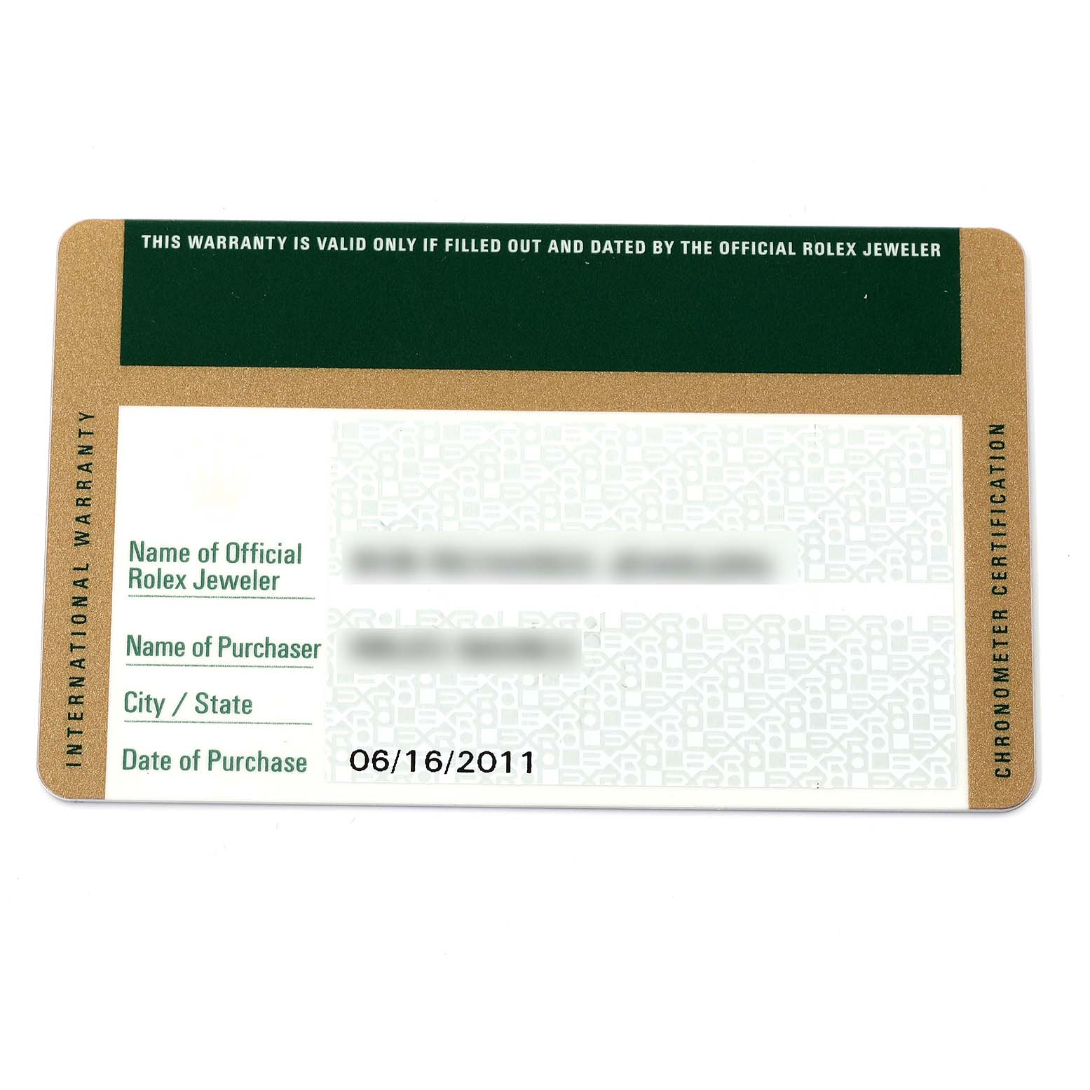 The image shows the warranty card for a Rolex Datejust 116200 Men's Stainless Steel Silver Dial 116200 Men's Stainless Steel Silver Dial watch, featuring purchase details and chronometer certification information.