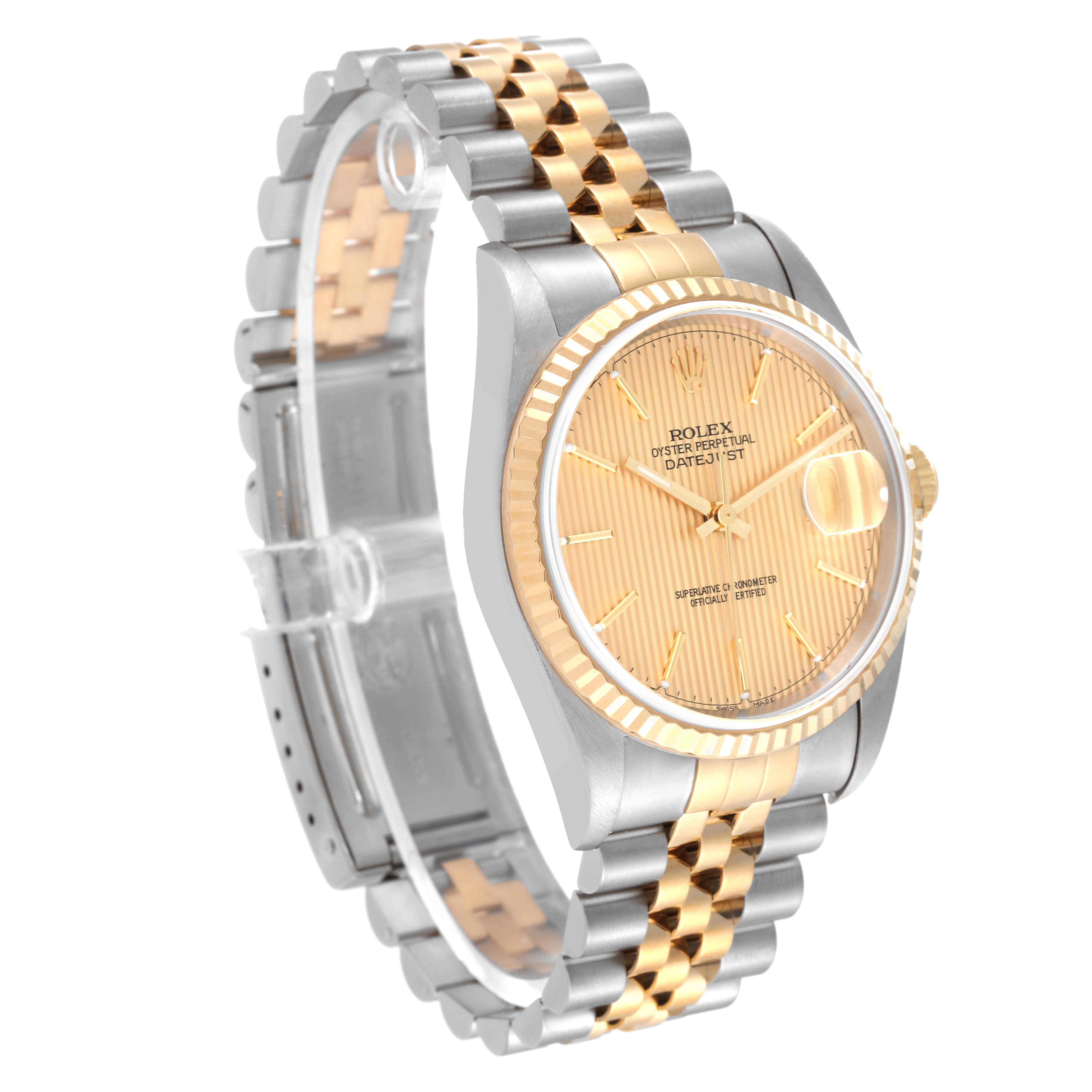 The image shows a Rolex Datejust 16233 Men's Steel and Gold (two tone) Champagne Dial 16233 Men's Steel and Gold (two tone) Champagne Dial watch at an angle highlighting its dial, bezel, and Oyster bracelet.