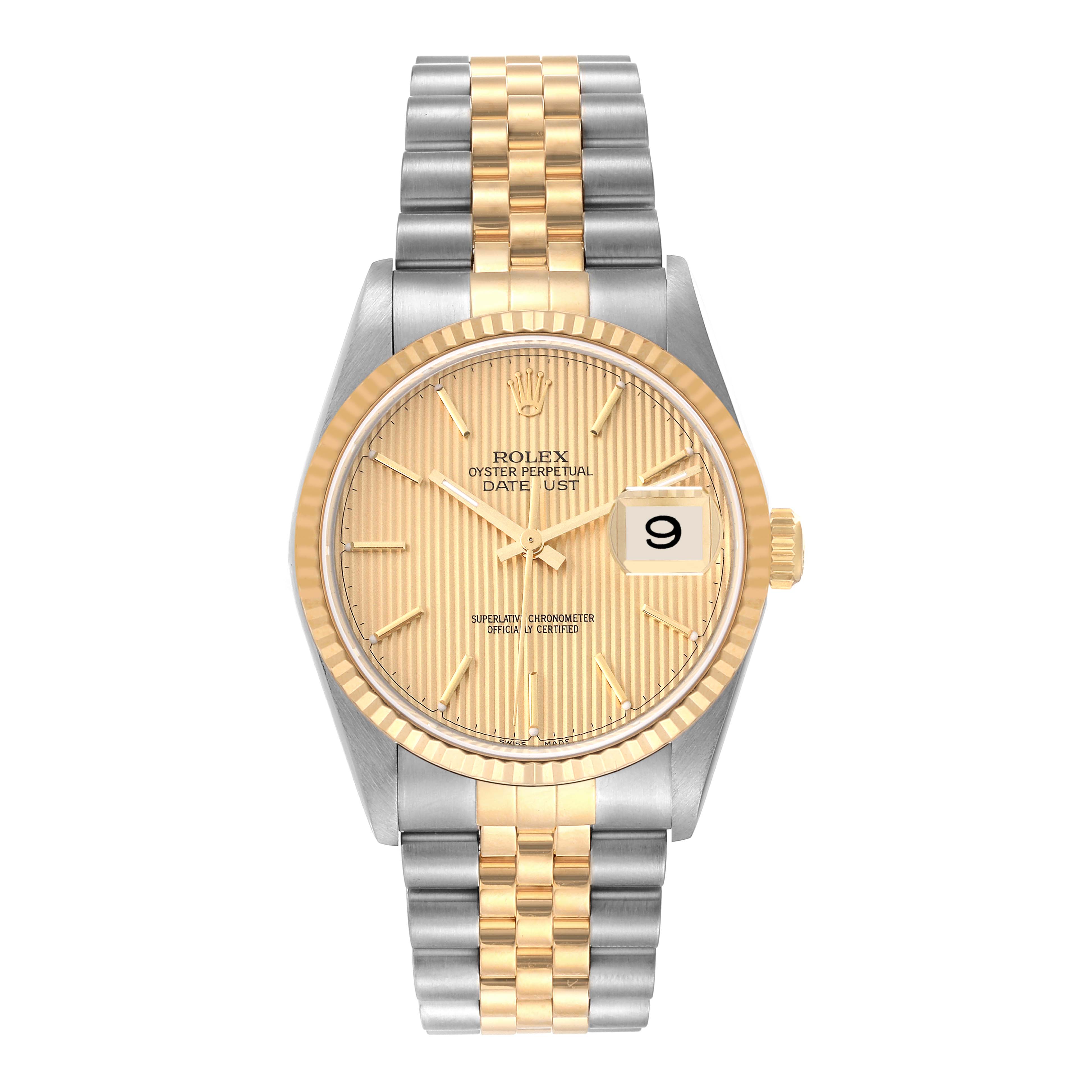 This image shows a front view of a Rolex Datejust 16233 Men's Steel and Gold (two tone) Champagne Dial 16233 Men's Steel and Gold (two tone) Champagne Dial watch featuring a two-tone gold and silver bracelet and a gold dial with a date window.