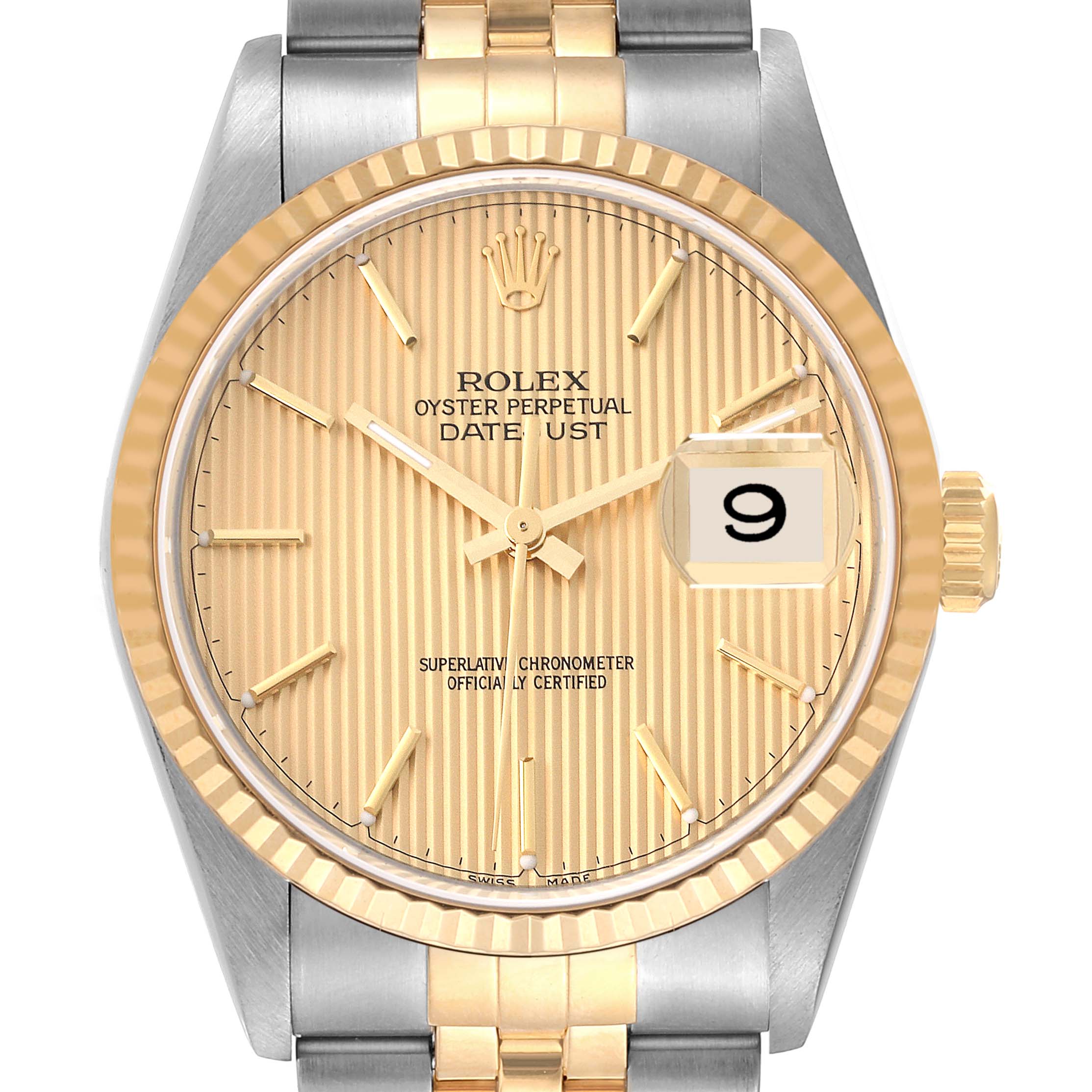 The image shows a front view of the Rolex Datejust 16233 Men's Steel and Gold (two tone) Champagne Dial 16233 Men's Steel and Gold (two tone) Champagne Dial watch, highlighting the face, hands, date window, and part of the bracelet.