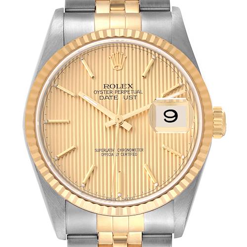 Photo of Rolex Datejust Steel 18K Yellow Gold Champagne Tapestry Dial Watch 16233