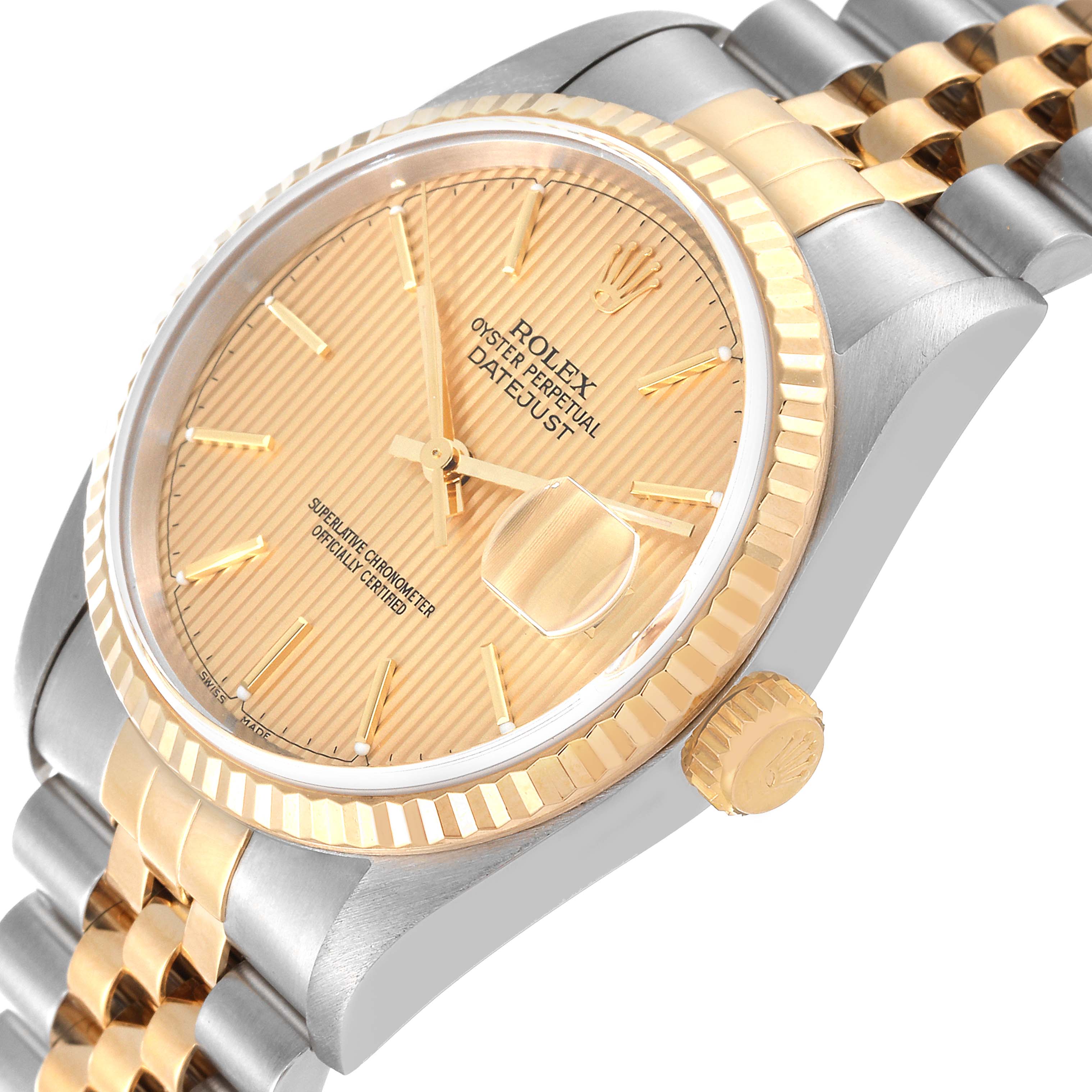 This image shows the angled side view of a Rolex Datejust 16233 Men's Steel and Gold (two tone) Champagne Dial 16233 Men's Steel and Gold (two tone) Champagne Dial, highlighting its gold and silver bracelet, crown, and fluted bezel.
