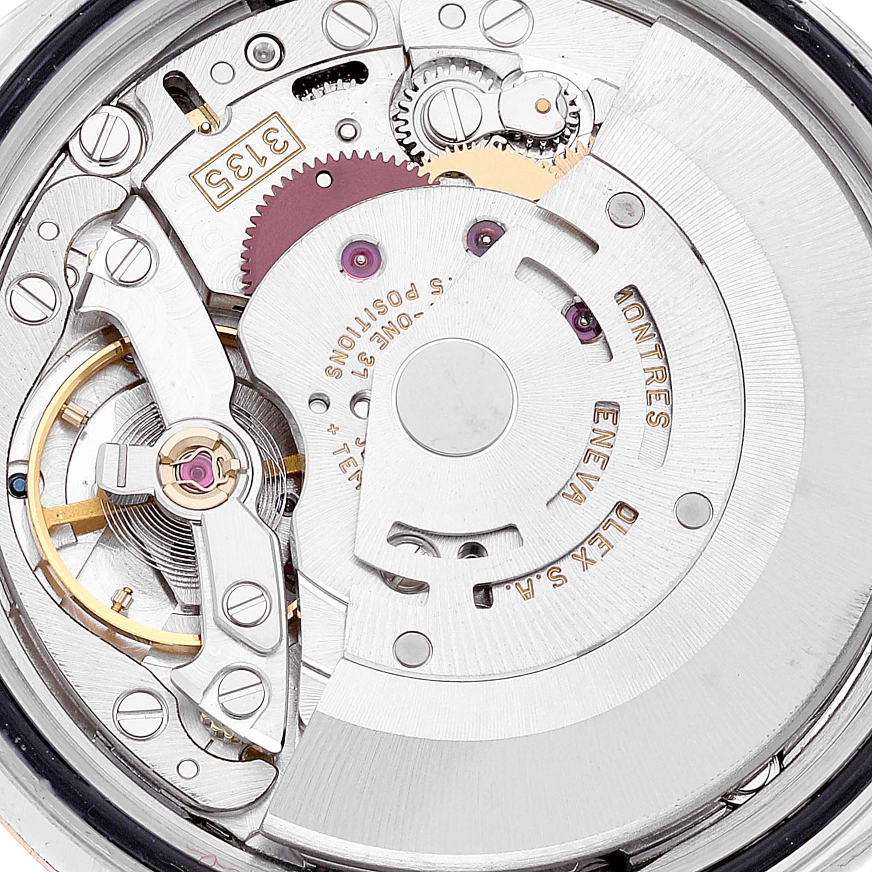 This is a close-up view of the Datejust Rolex watch movement, showcasing the intricate internal mechanism.
