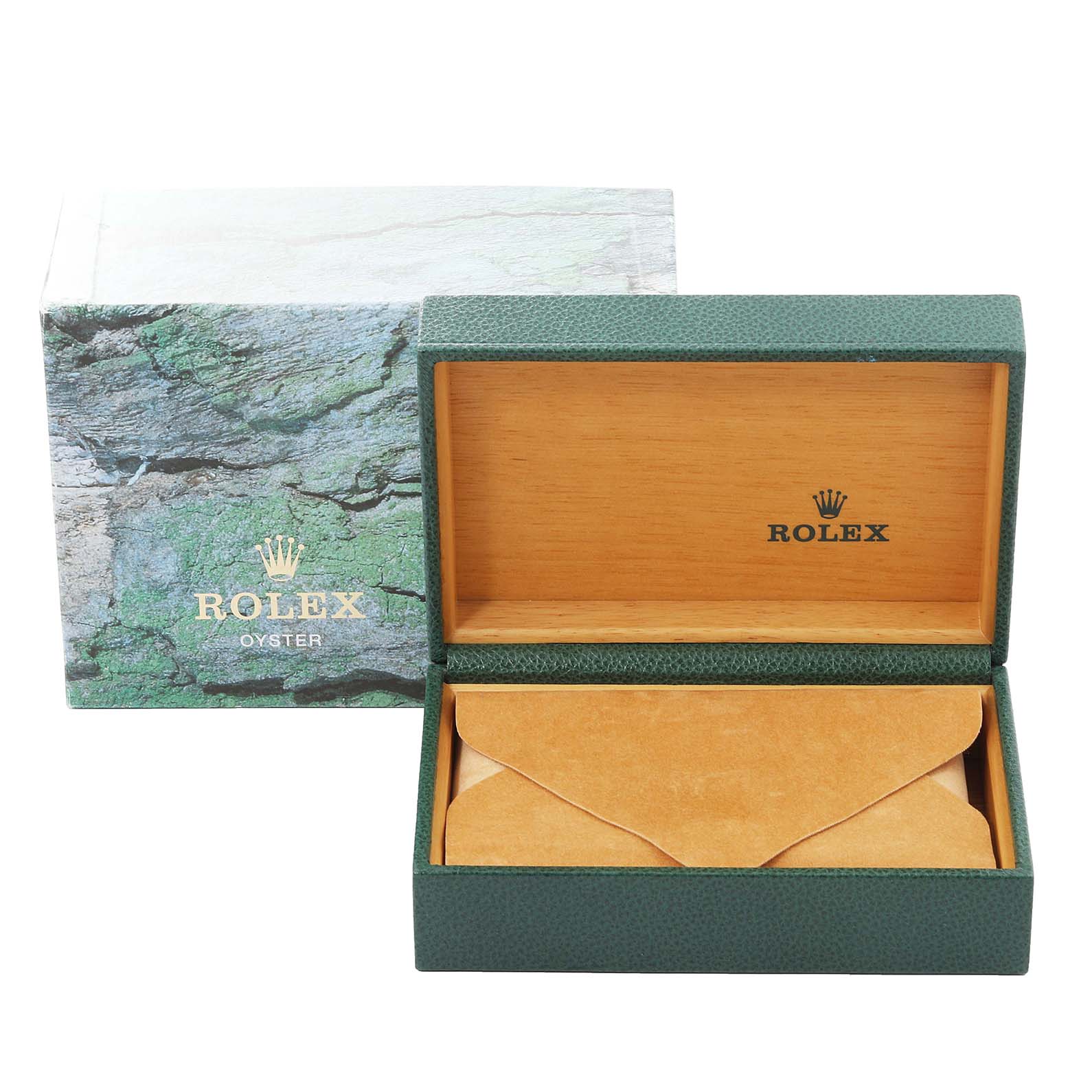 The image shows an open green Rolex box and an outer box for the Rolex Datejust 16233 Men's Steel and Gold (two tone) Champagne Dial 16233 Men's Steel and Gold (two tone) Champagne Dial model watch.