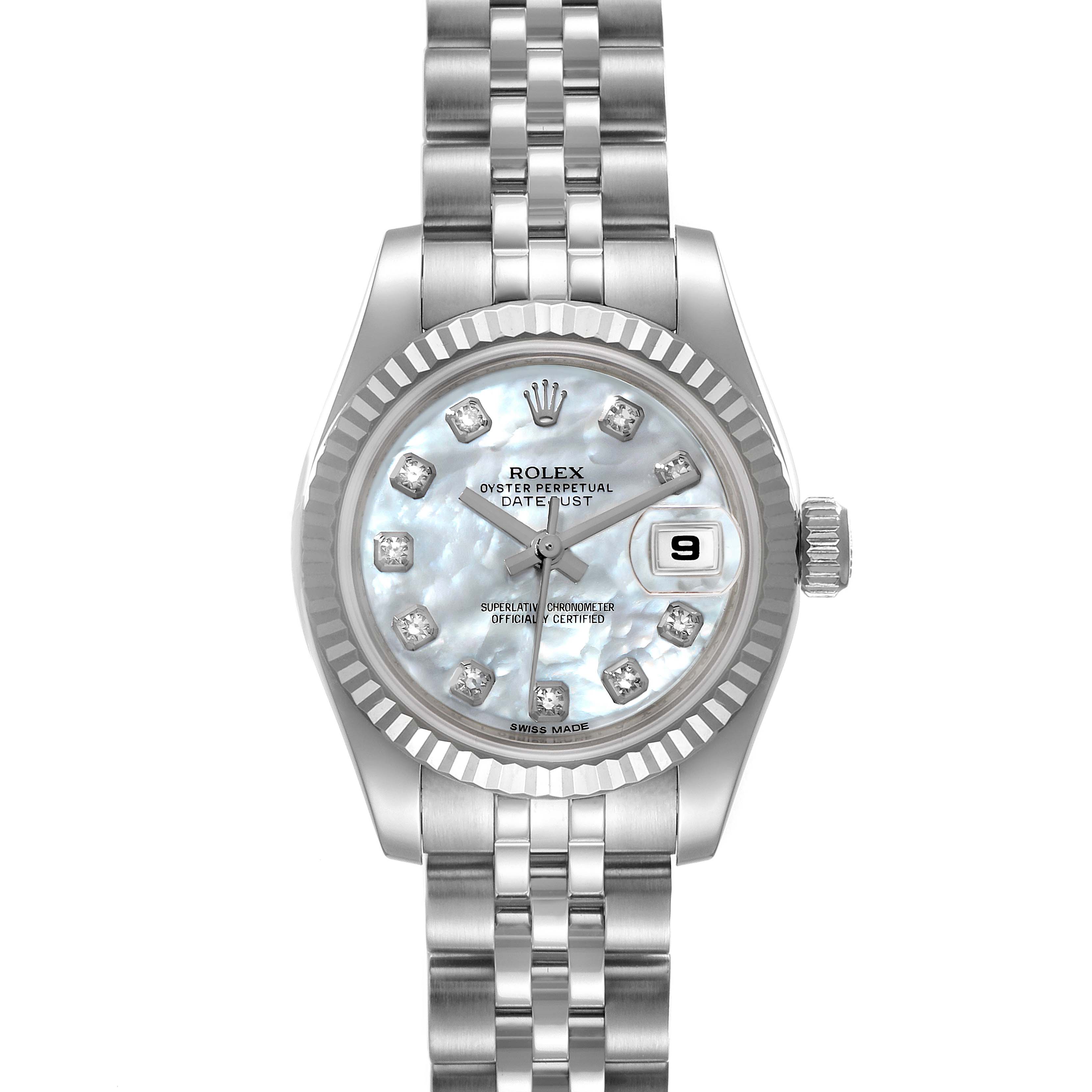 This image shows a Rolex Datejust 179174 Women
s Stainless Steel Mother of Pearl Dial 179174 Women
s Stainless Steel Mother of Pearl Dial watch from a top-down view, featuring its face, bezel, and segments of the bracelet.