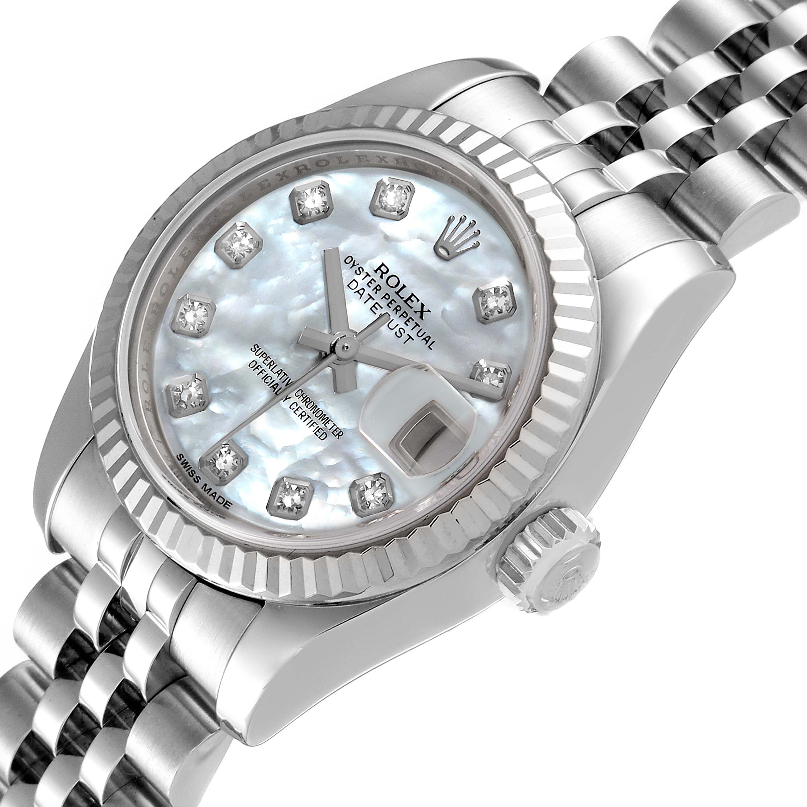 The image shows the Rolex Datejust 179174 Women
s Stainless Steel Mother of Pearl Dial 179174 Women
s Stainless Steel Mother of Pearl Dial watch at an angled view, capturing the face, dial, bezel, and part of the bracelet.