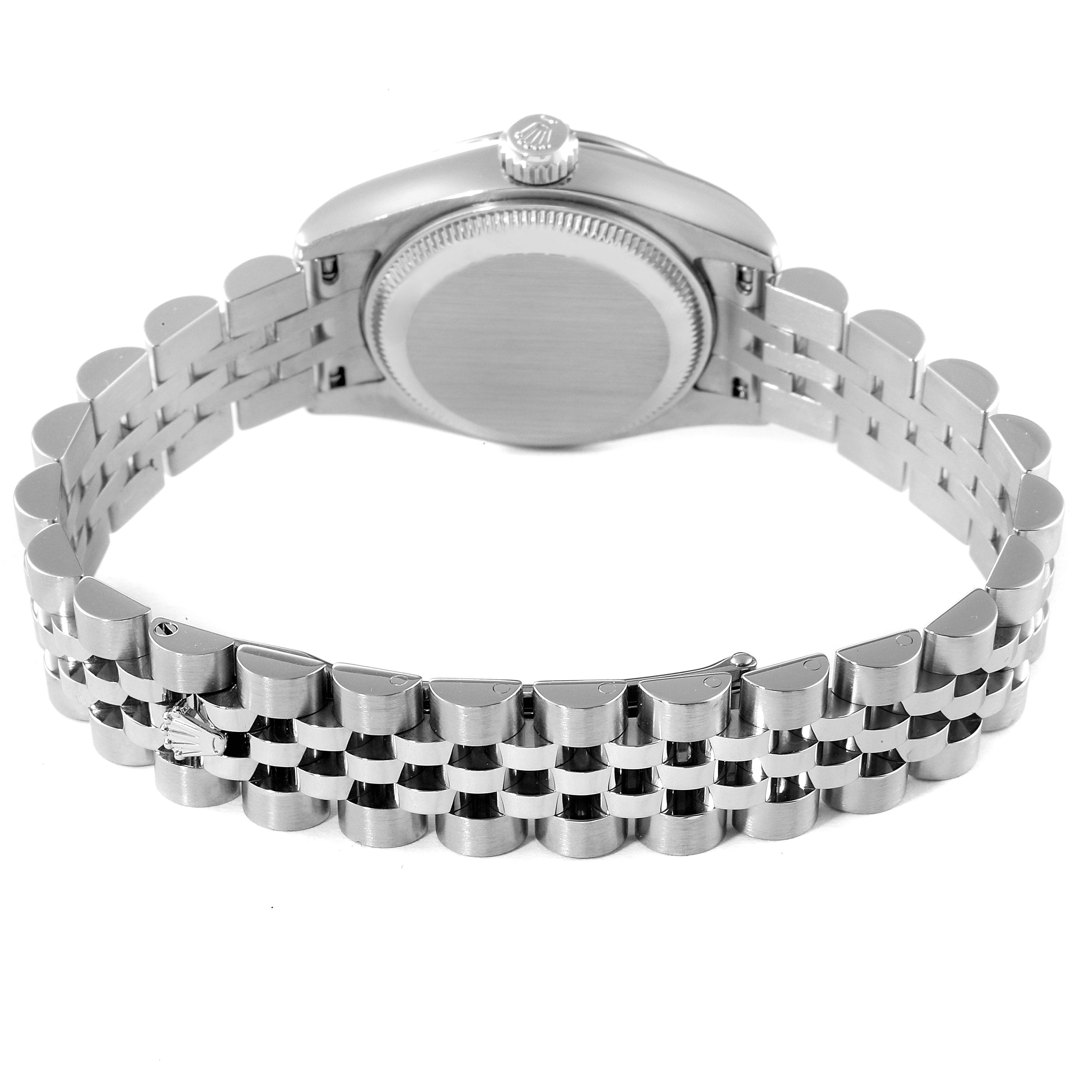 The image shows the backside of a Rolex Datejust 179174 Women
s Stainless Steel Mother of Pearl Dial 179174 Women
s Stainless Steel Mother of Pearl Dial watch, highlighting the case back and bracelet.