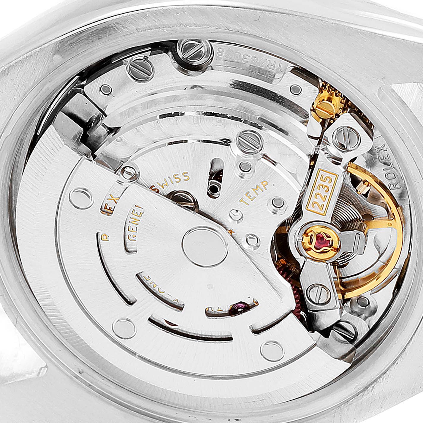This image shows the movement of a Rolex Datejust 179174 Women
s Stainless Steel Mother of Pearl Dial 179174 Women
s Stainless Steel Mother of Pearl Dial watch viewed from the back, highlighting the intricate mechanical parts.