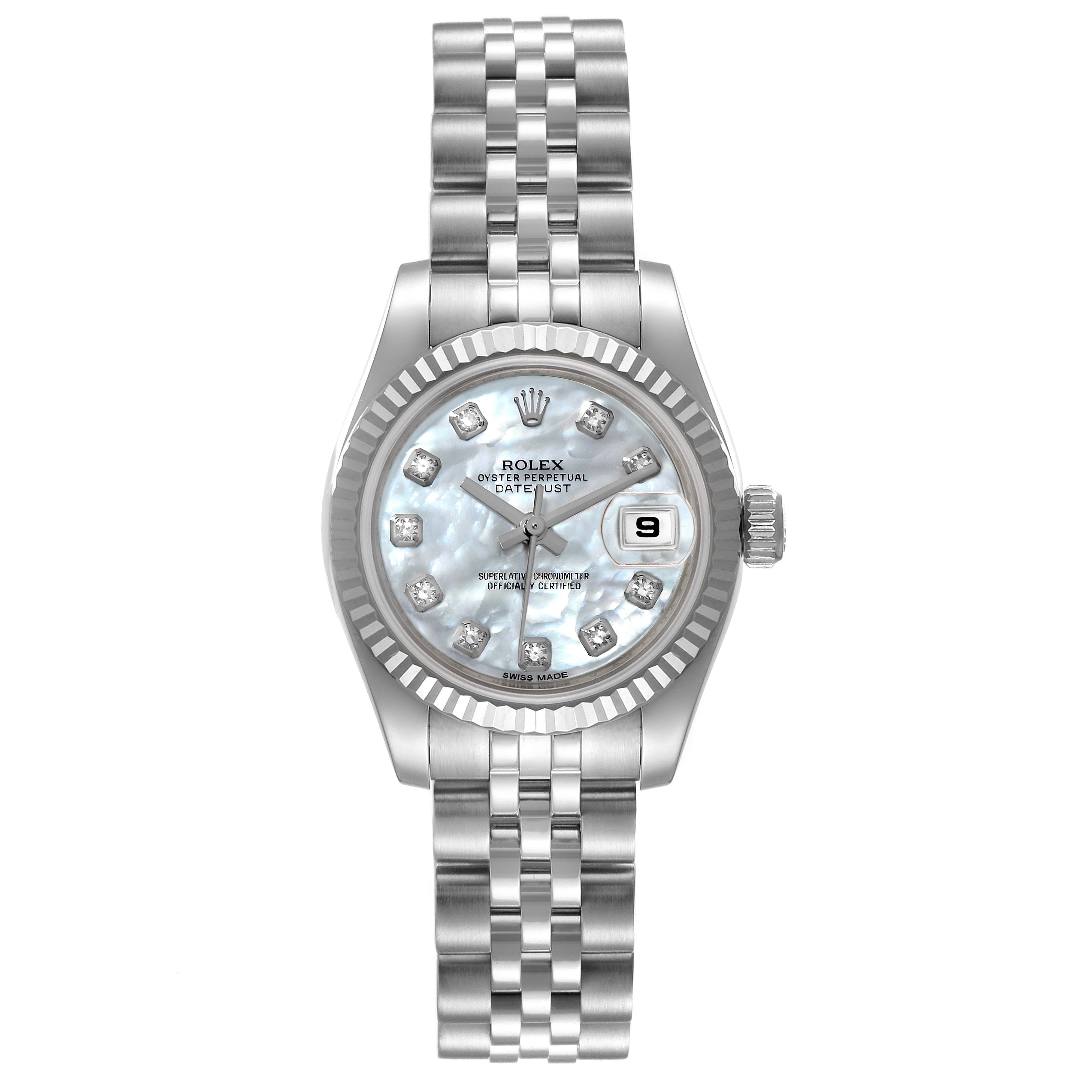 The Rolex Datejust 179174 Women
s Stainless Steel Mother of Pearl Dial 179174 Women
s Stainless Steel Mother of Pearl Dial watch is shown from a top-down angle, displaying its face, bracelet, and part of the crown.