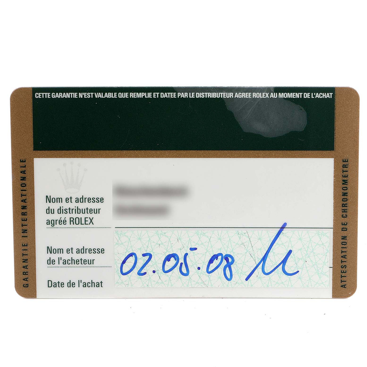 The image shows an international guarantee card for a Rolex Datejust 179174 Women
s Stainless Steel Mother of Pearl Dial 179174 Women
s Stainless Steel Mother of Pearl Dial watch, with the purchase date and distributor details partially visible.