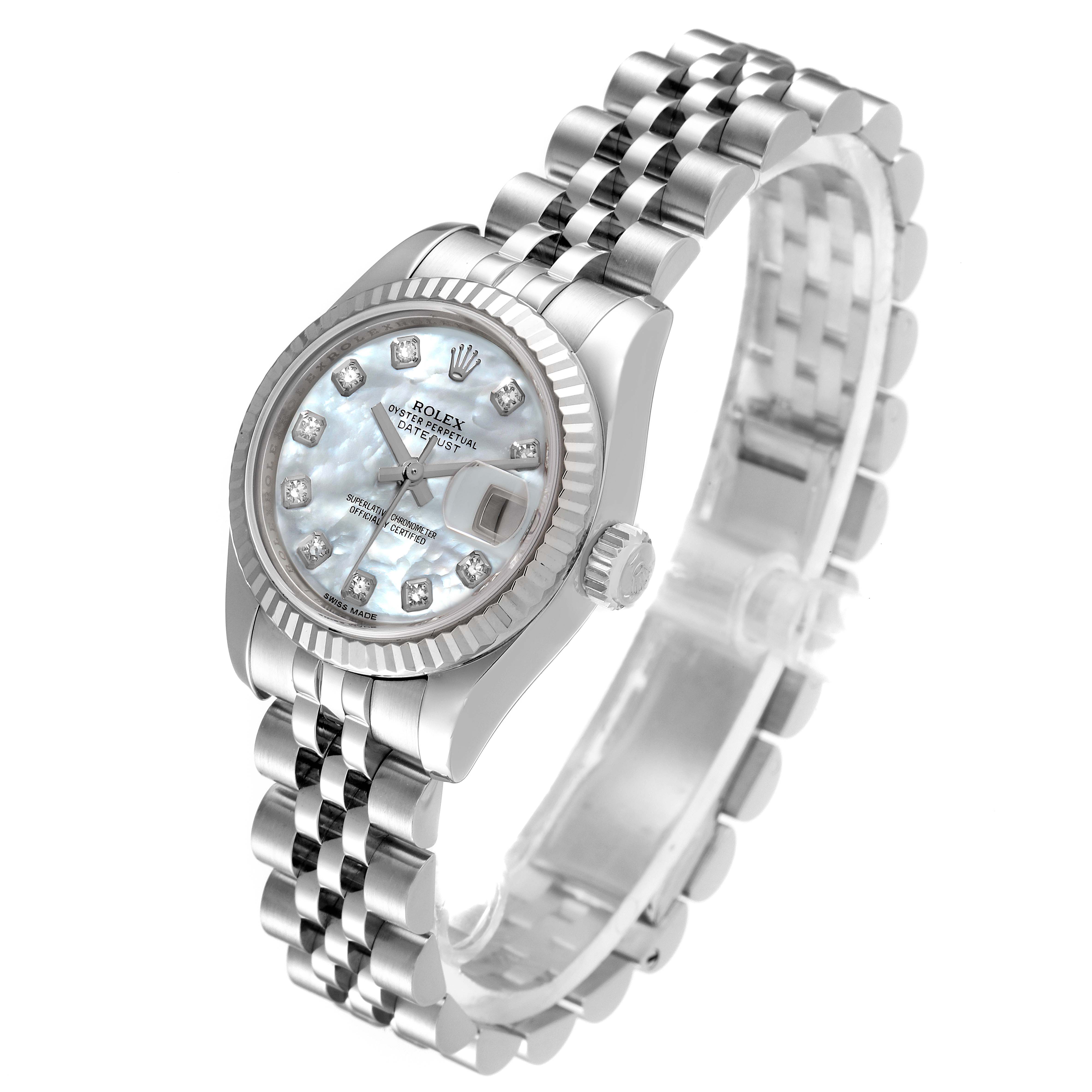 This image shows a Rolex Datejust 179174 Women
s Stainless Steel Mother of Pearl Dial 179174 Women
s Stainless Steel Mother of Pearl Dial watch, angled to display its face, fluted bezel, crown, and Jubilee bracelet.