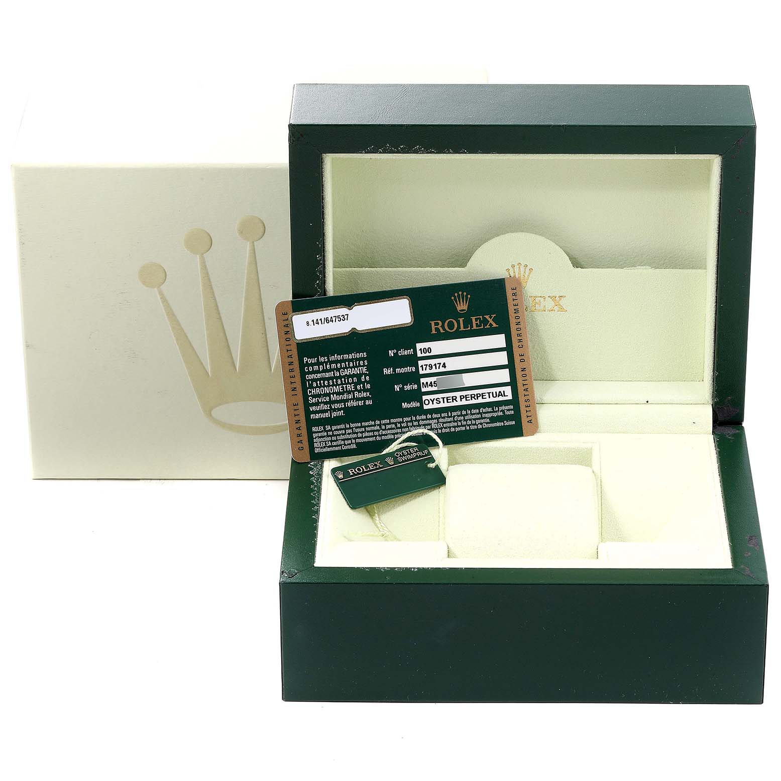 The image shows a Rolex Datejust 179174 Women
s Stainless Steel Mother of Pearl Dial 179174 Women
s Stainless Steel Mother of Pearl Dial watch box, warranty card, and tags, with no watch inside.