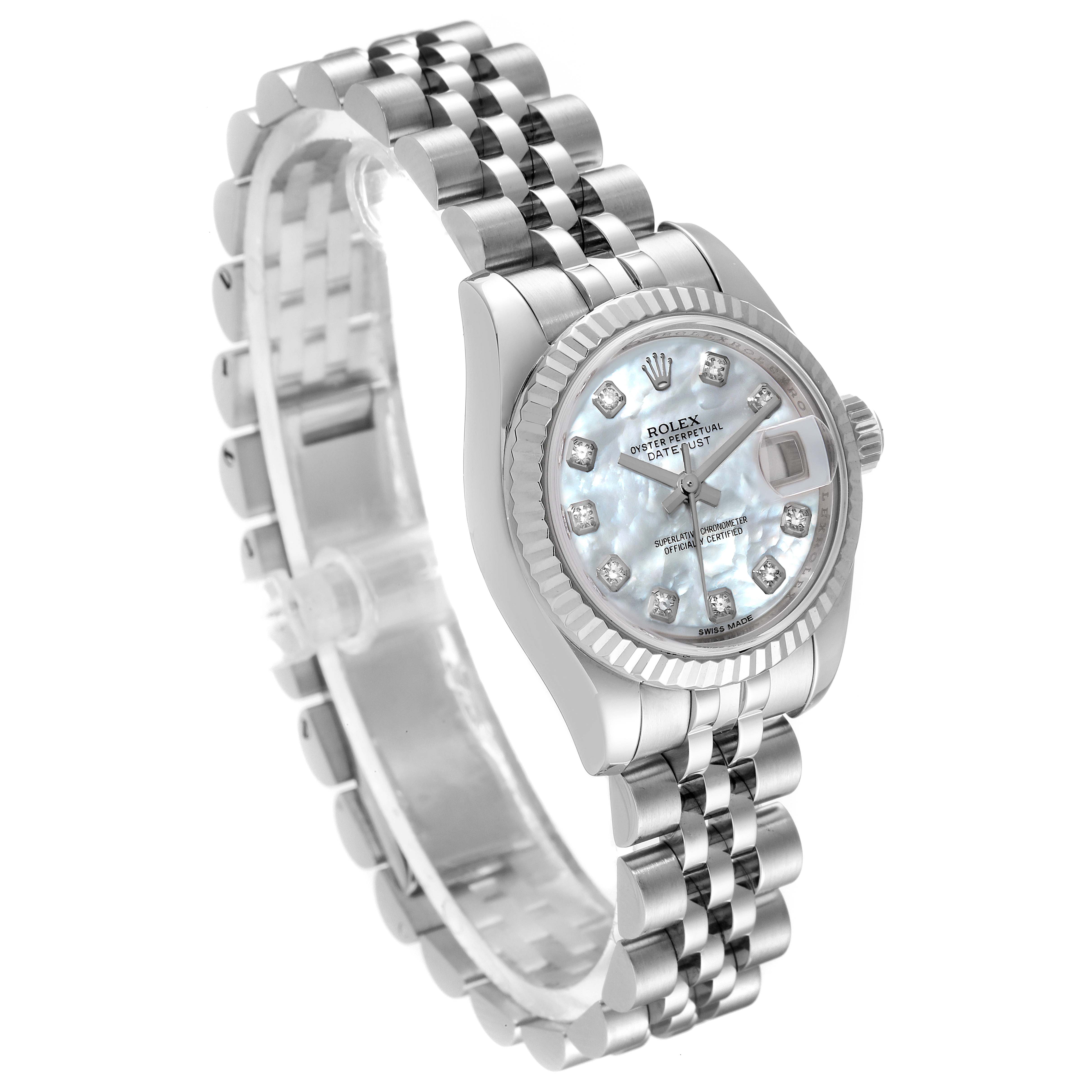 The Rolex Datejust 179174 Women
s Stainless Steel Mother of Pearl Dial 179174 Women
s Stainless Steel Mother of Pearl Dial watch is shown at a three-quarter angle, displaying the dial, bezel, crown, and bracelet.