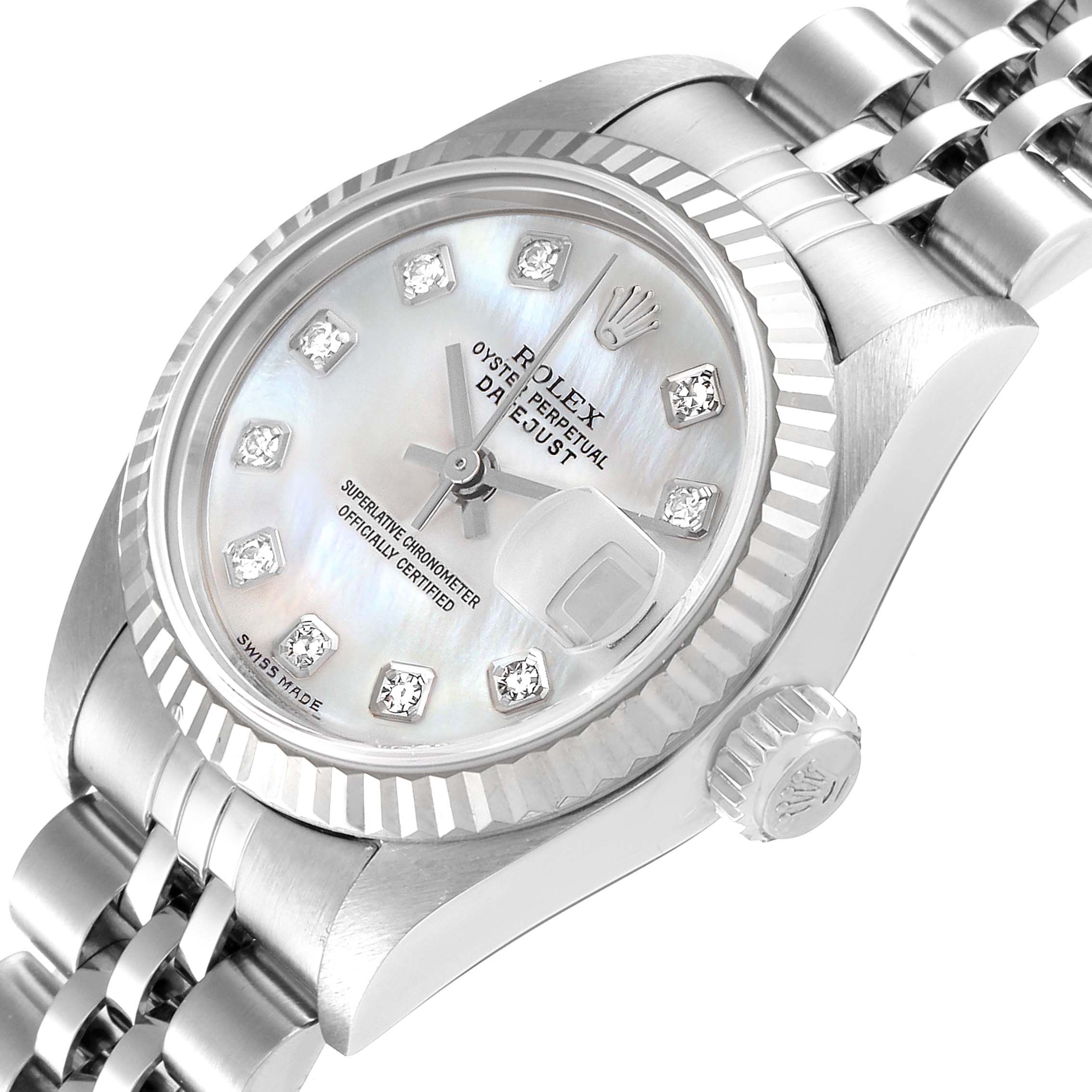 The image shows a close-up, angled view of the dial, bezel, and bracelet of a Rolex Datejust 79174 Women
s Stainless Steel Mother of Pearl Dial 79174 Women
s Stainless Steel Mother of Pearl Dial watch.
