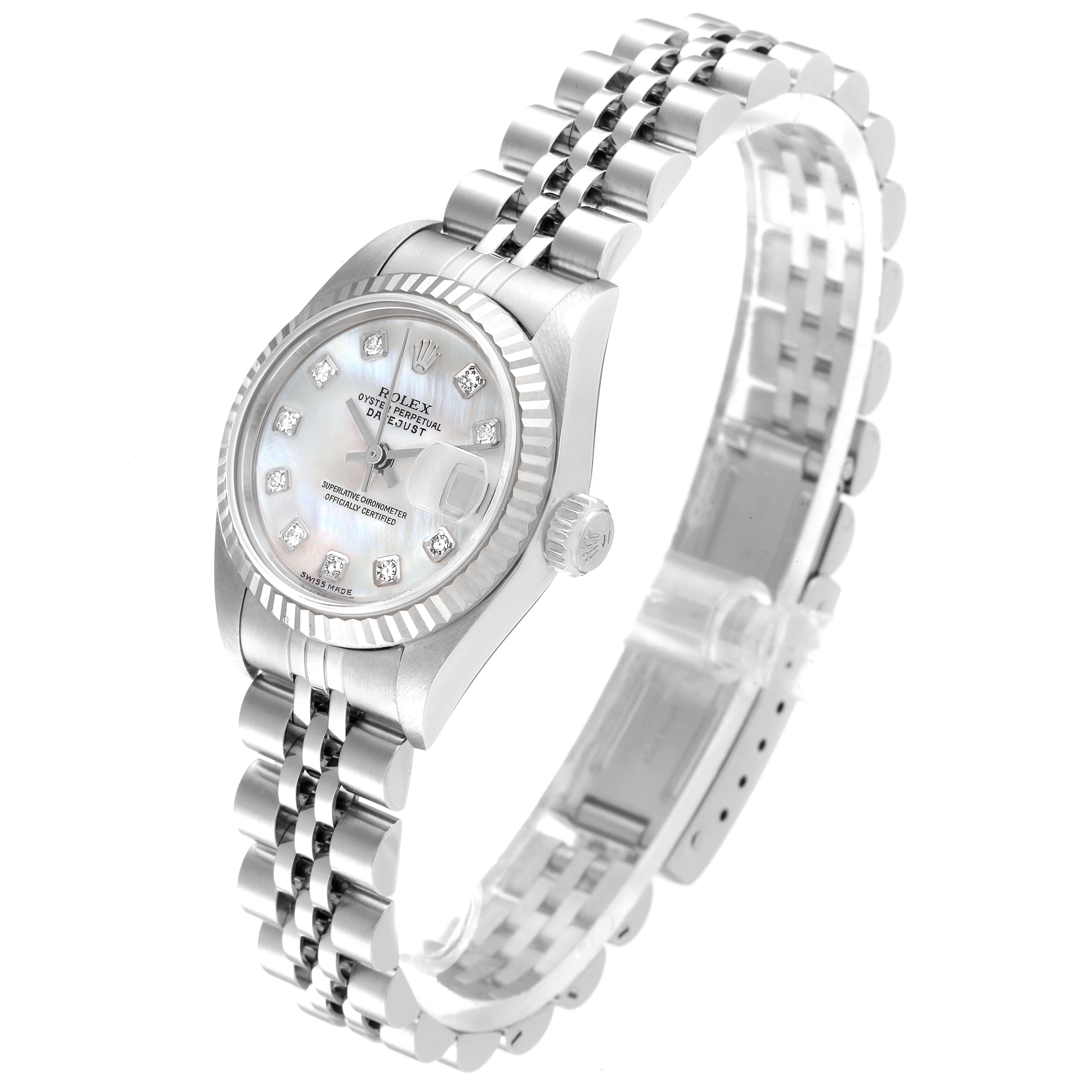 This image shows a Rolex Datejust 79174 Women
s Stainless Steel Mother of Pearl Dial 79174 Women
s Stainless Steel Mother of Pearl Dial watch at an angle displaying its dial, bezel, crown, and Jubilee bracelet.
